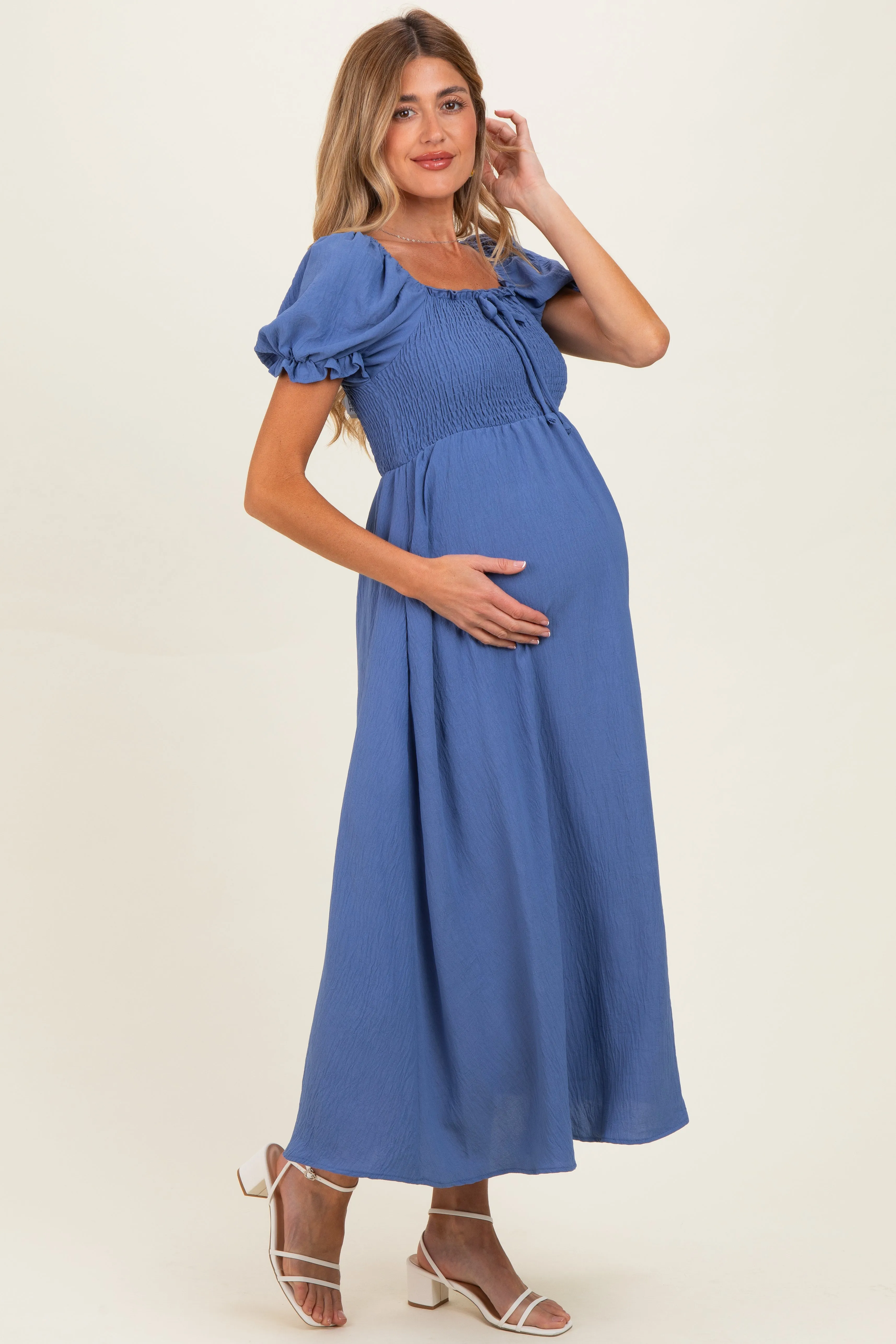 Blue Square Neck Puff Sleeve Maternity Midi Dress sold by Pinkblush product image thumbnail 2