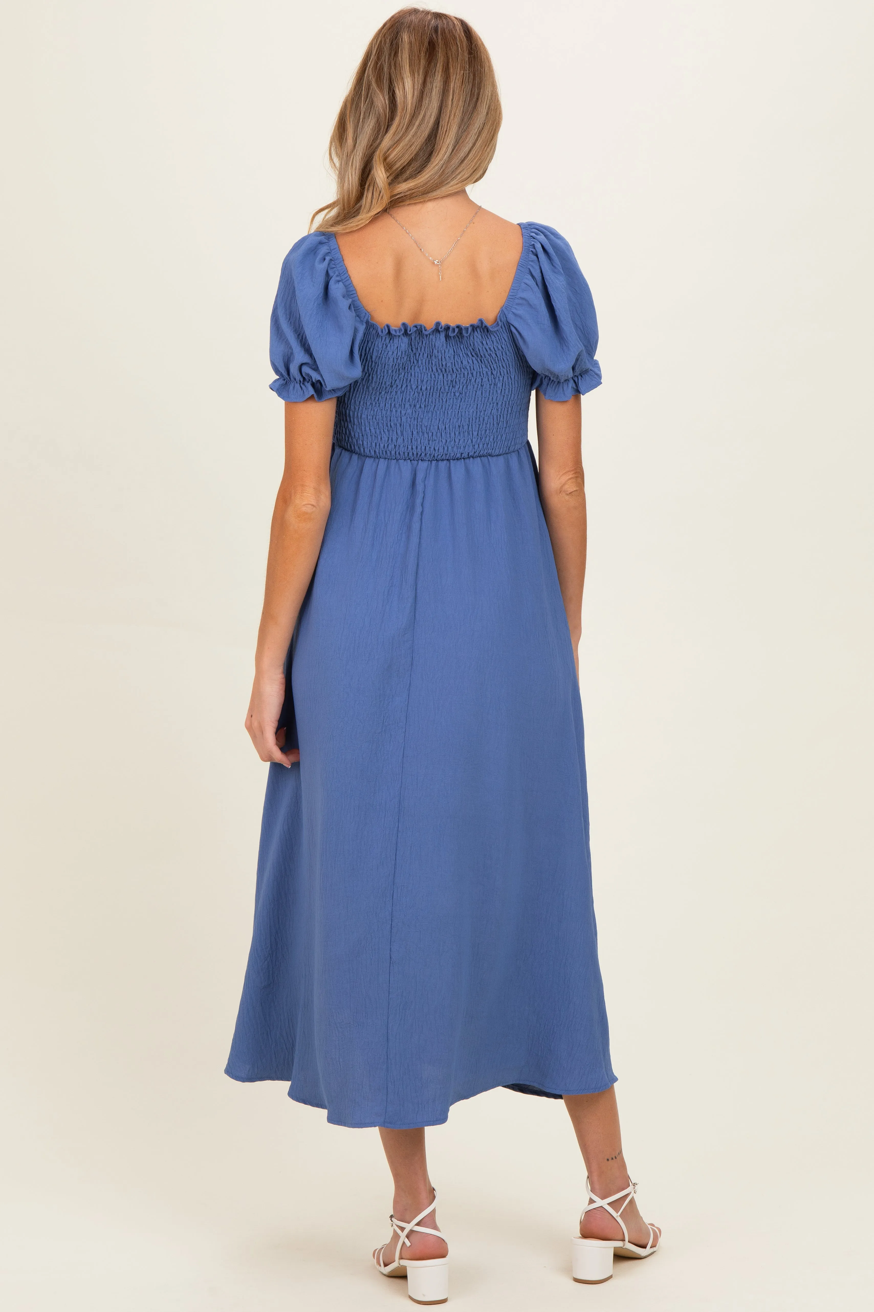 Blue Square Neck Puff Sleeve Maternity Midi Dress sold by Pinkblush product image thumbnail 3