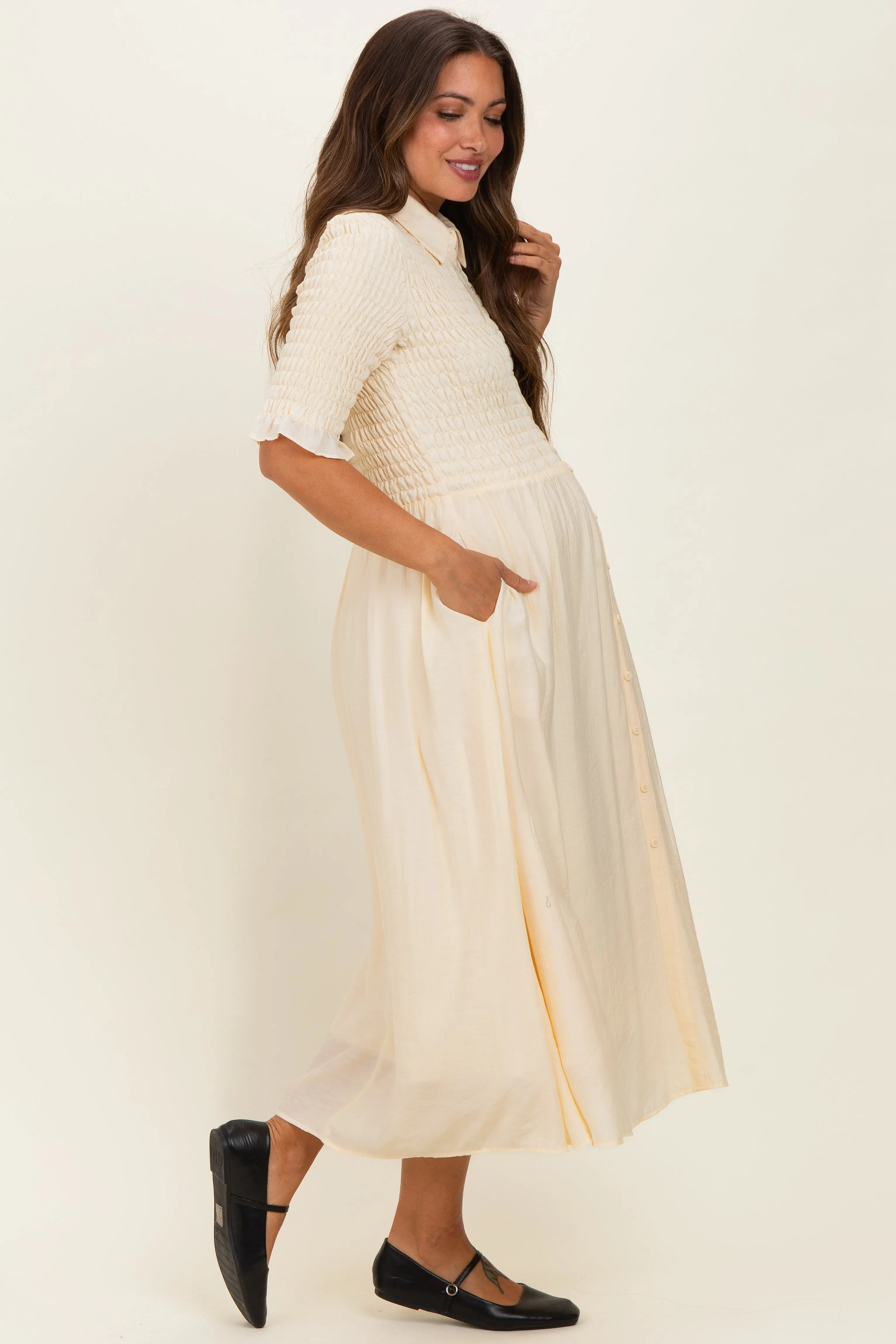 Pale Yellow Smocked Button Down Maternity Midi Dress sold by Pinkblush product image thumbnail 2
