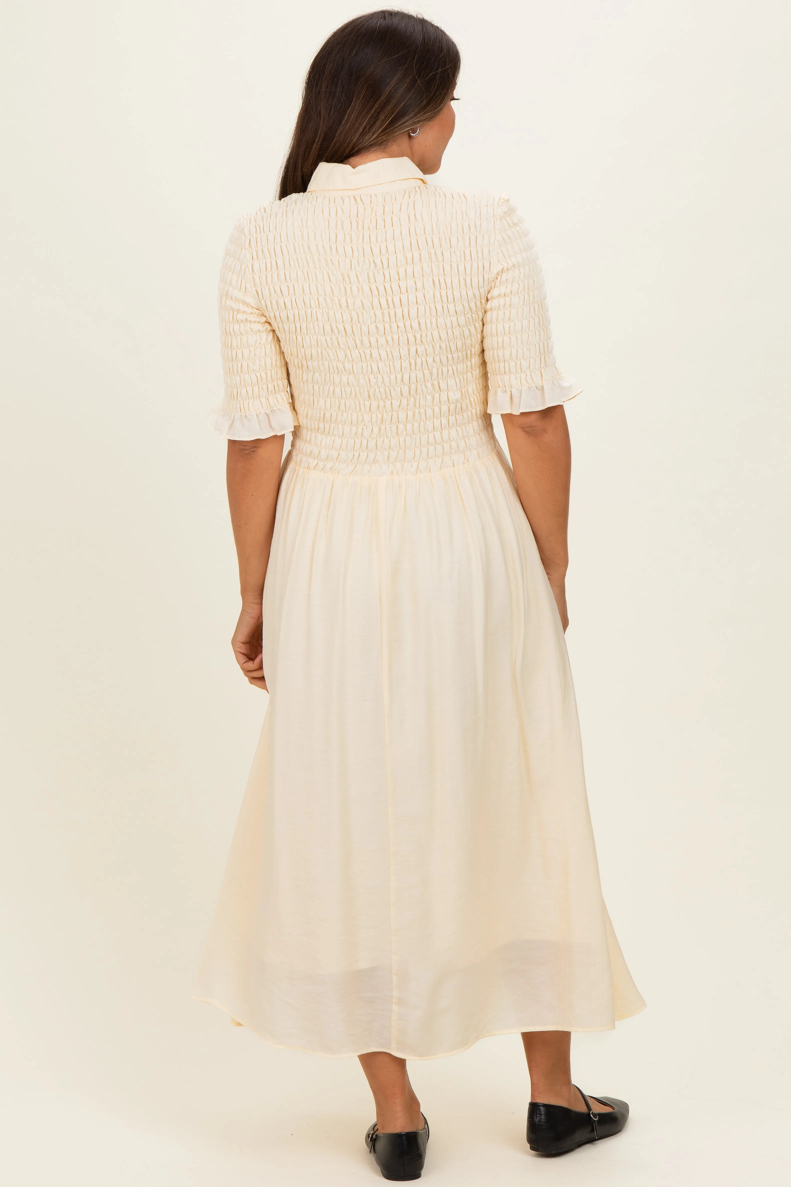 Pale Yellow Smocked Button Down Maternity Midi Dress sold by Pinkblush product image thumbnail 3