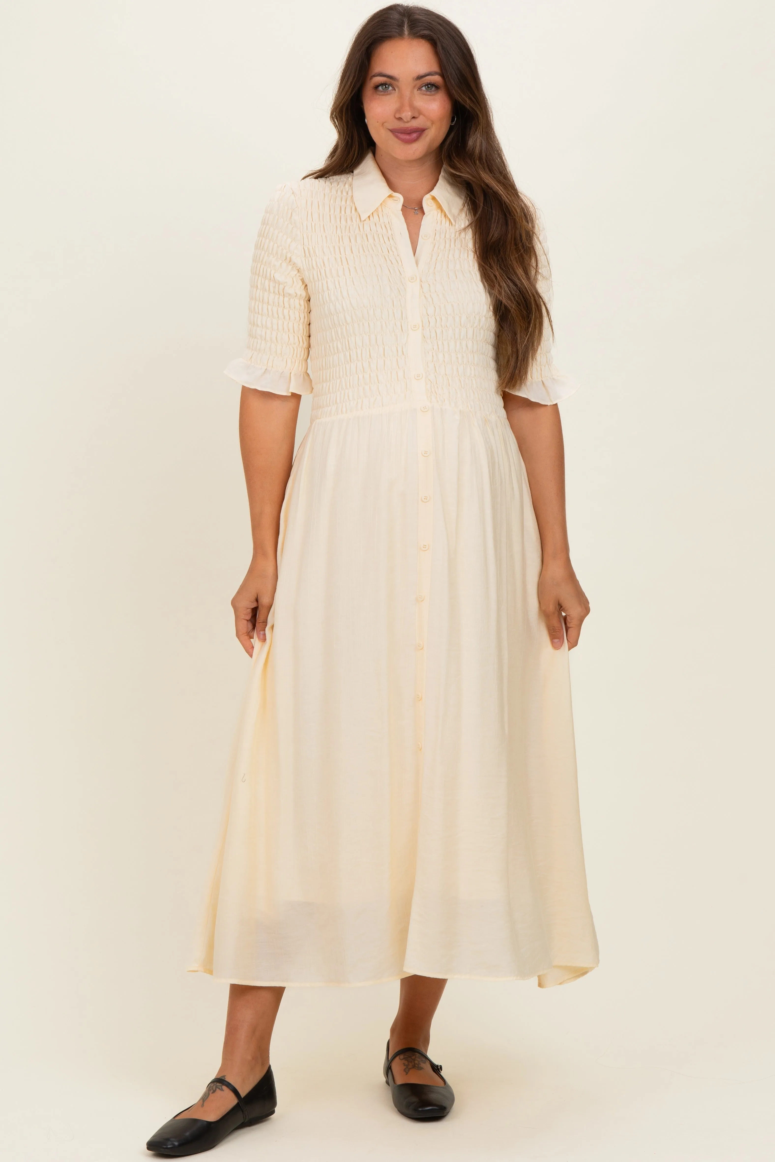 Pale Yellow Smocked Button Down Maternity Midi Dress sold by Pinkblush