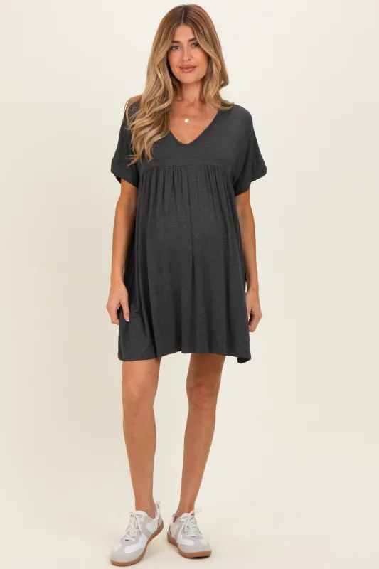 Charcoal V-Neck Basic Maternity Dress made by Pinkblush