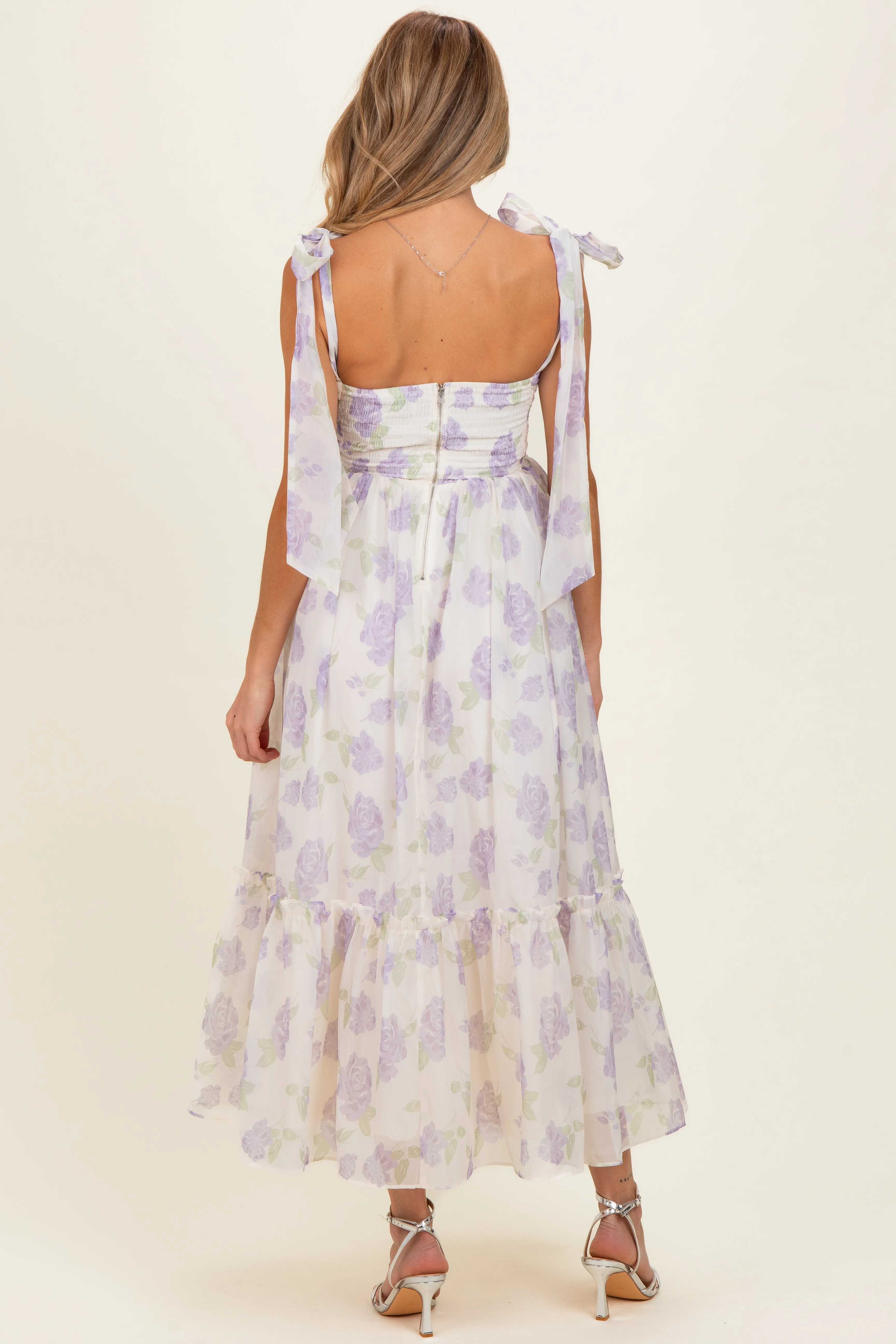 Lavender Floral Chiffon Shoulder Tie Maternity Midi Dress sold by Pinkblush product image thumbnail 3