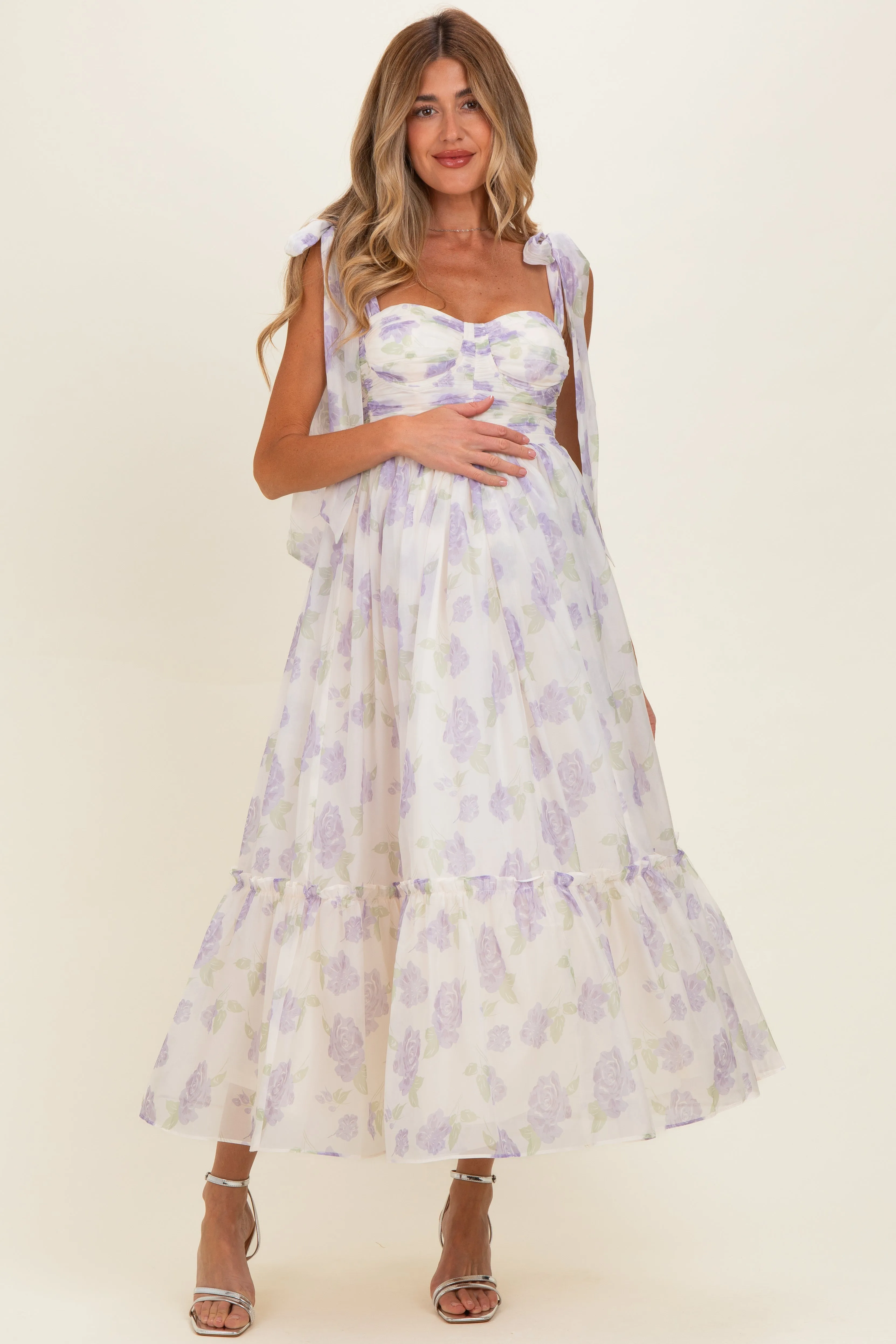 Lavender Floral Chiffon Shoulder Tie Maternity Midi Dress sold by Pinkblush