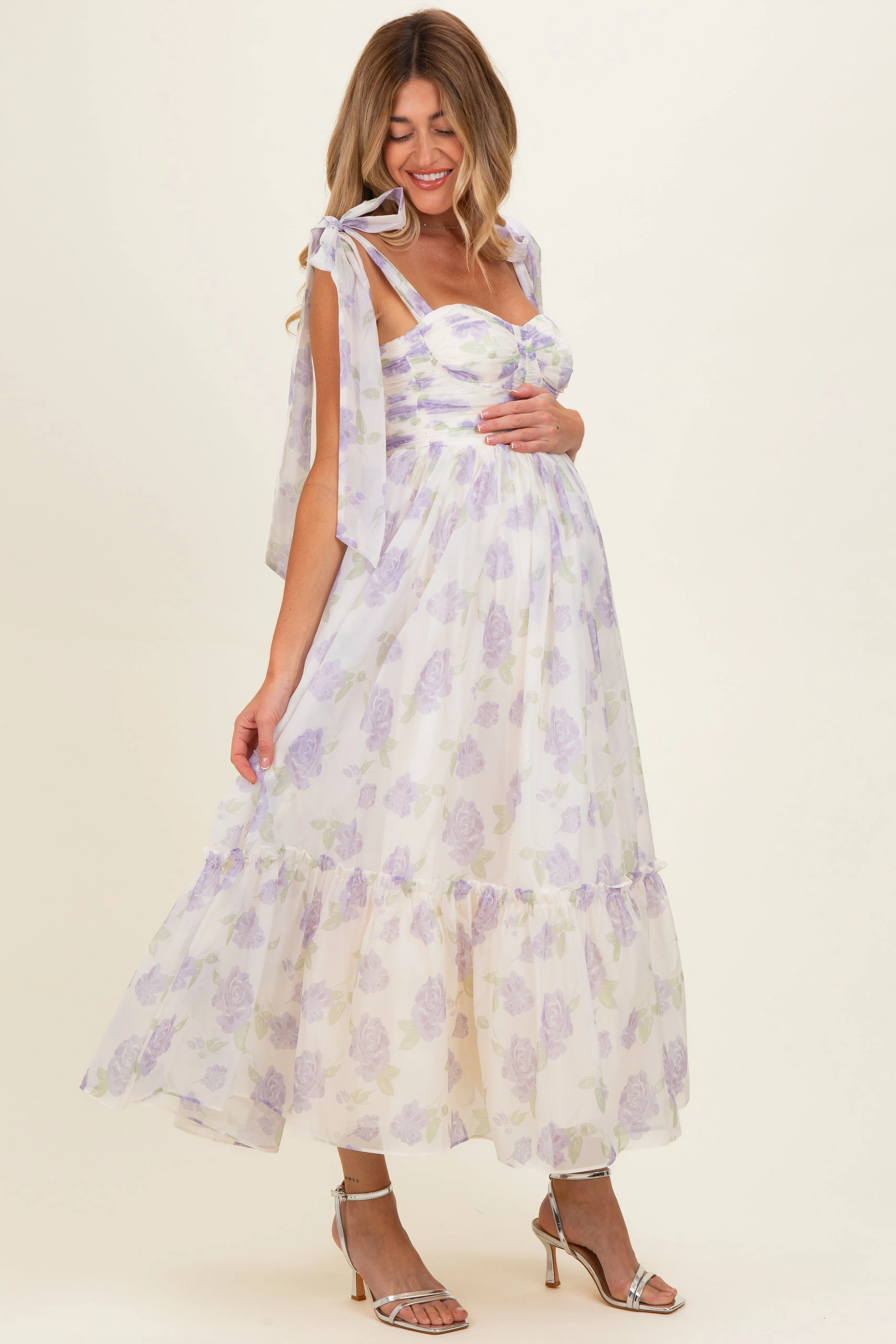 Lavender Floral Chiffon Shoulder Tie Maternity Midi Dress sold by Pinkblush product image thumbnail 2