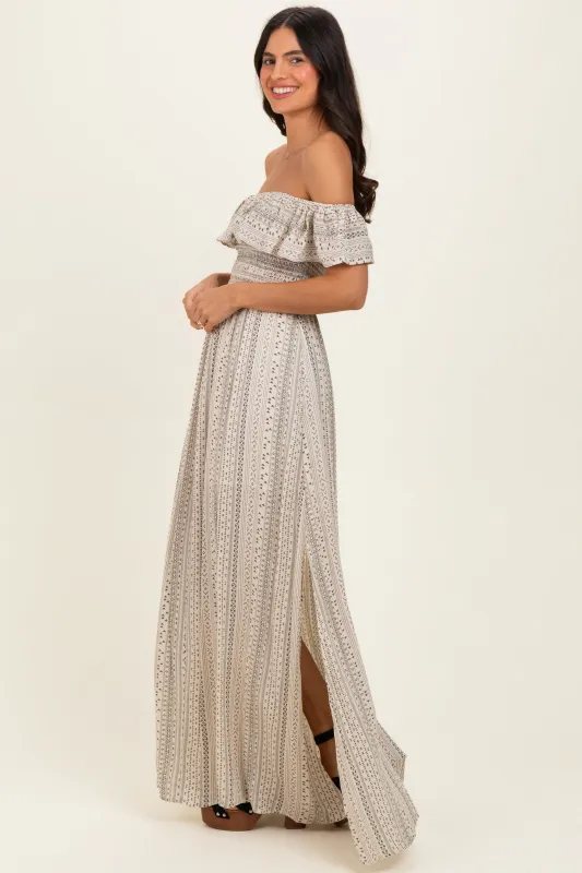 Beige Ruffle Off Shoulder Maxi Dress made by Promesa