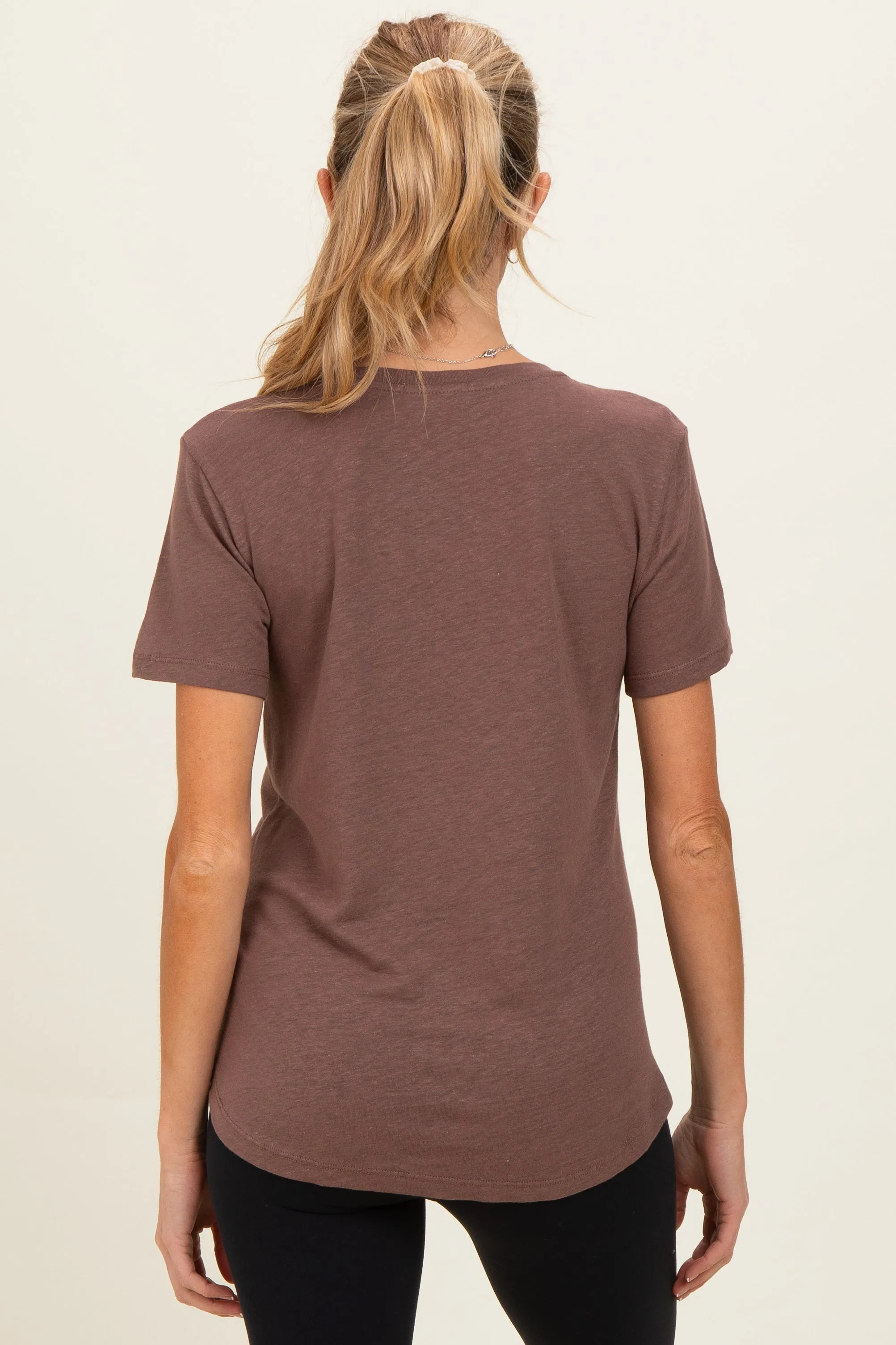 Choco Linen Blend V-Neck Short Sleeve Maternity T-Shirt sold by Pinkblush product image thumbnail 4