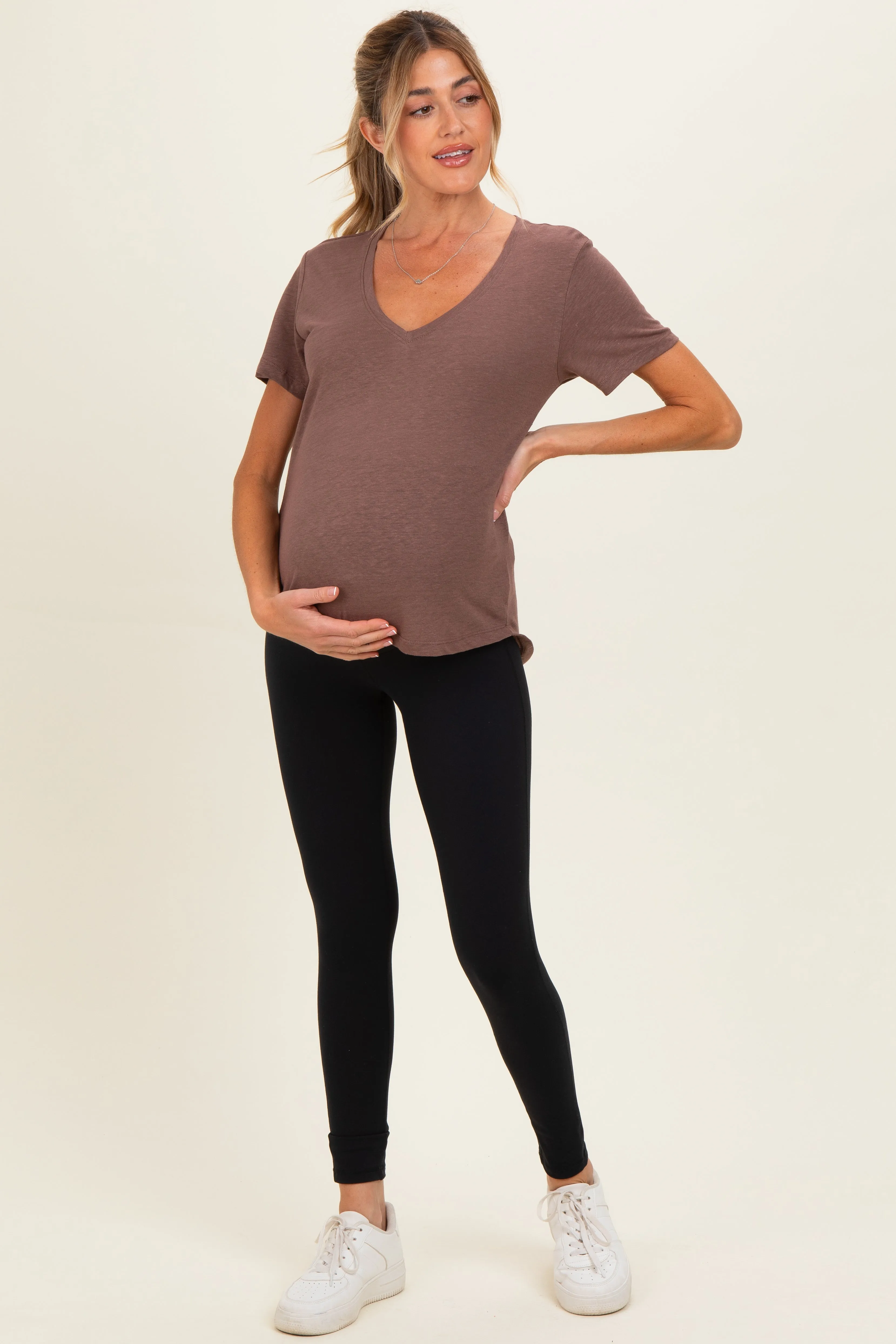 Choco Linen Blend V-Neck Short Sleeve Maternity T-Shirt sold by Pinkblush product image thumbnail 2