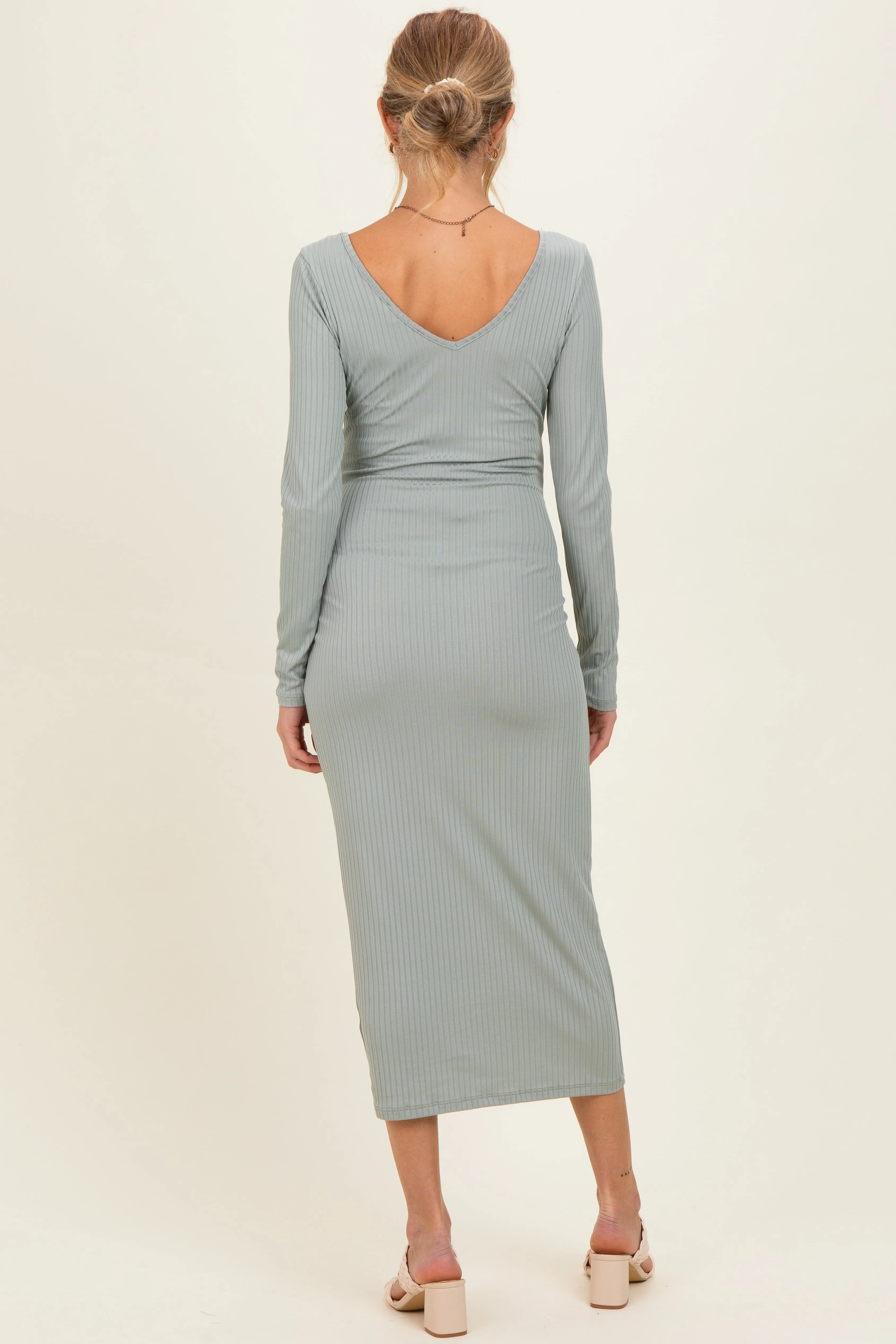 New Sage V-Neck Long Sleeve Fitted Maternity Maxi Dress sold by Pinkblush product image thumbnail 3