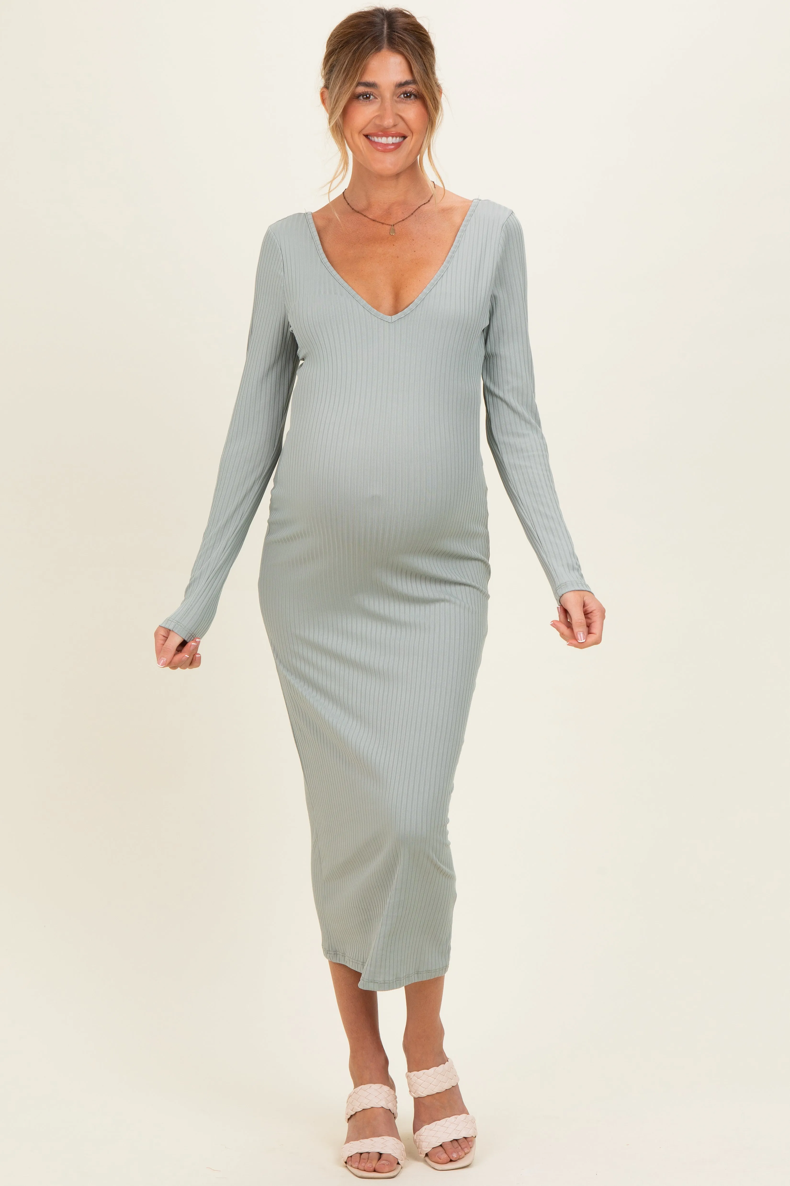 New Sage V-Neck Long Sleeve Fitted Maternity Maxi Dress sold by Pinkblush