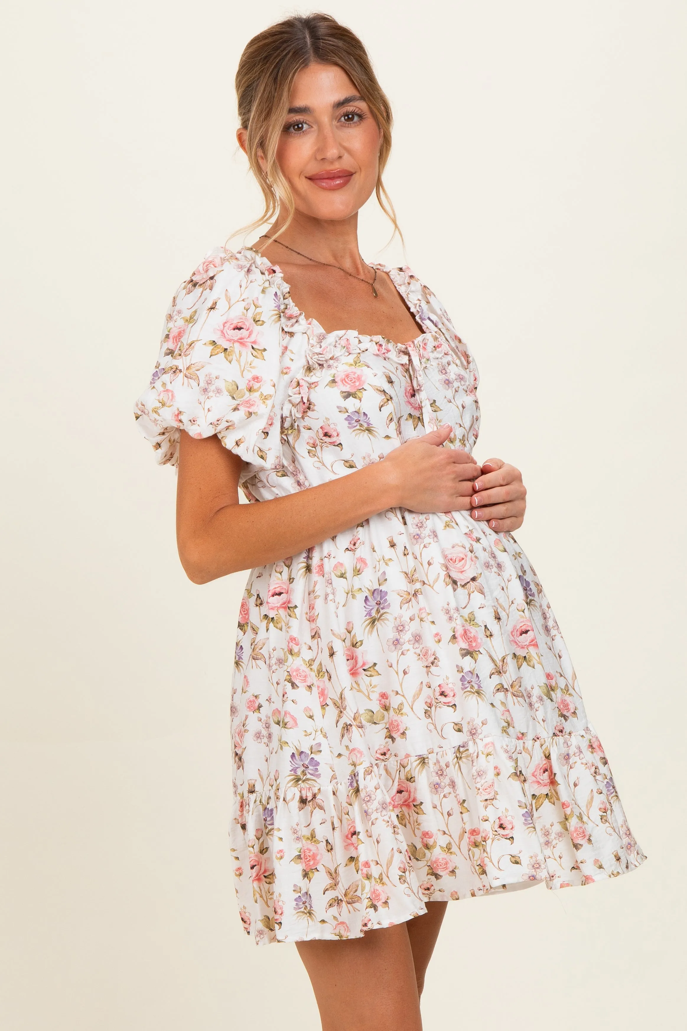 Ivory Floral Puff Sleeve Maternity Mini Dress sold by Pinkblush product image thumbnail 3