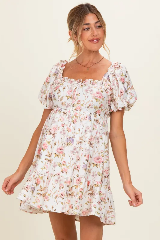 Ivory Floral Puff Sleeve Maternity Mini Dress made by So Me