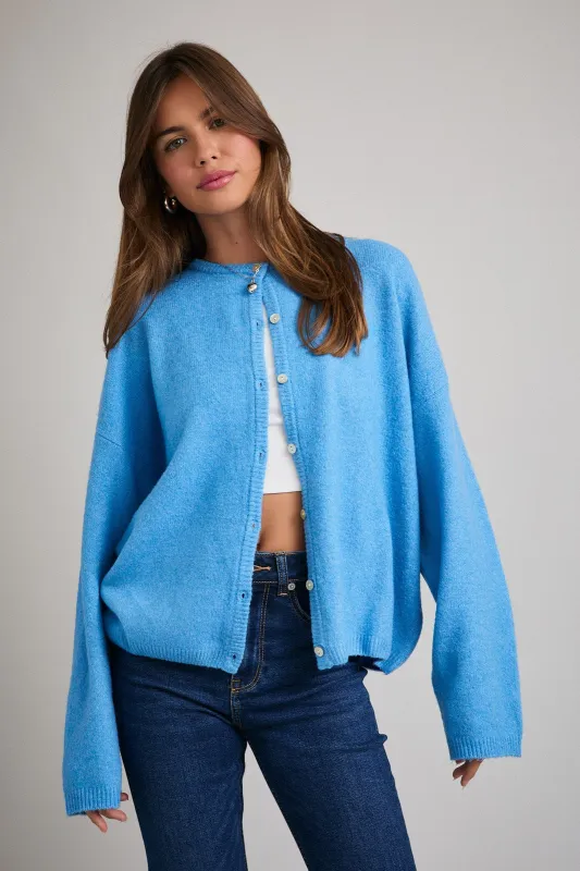 Aqua Classic Crew Neck Button Cardigan made by Le Lis
