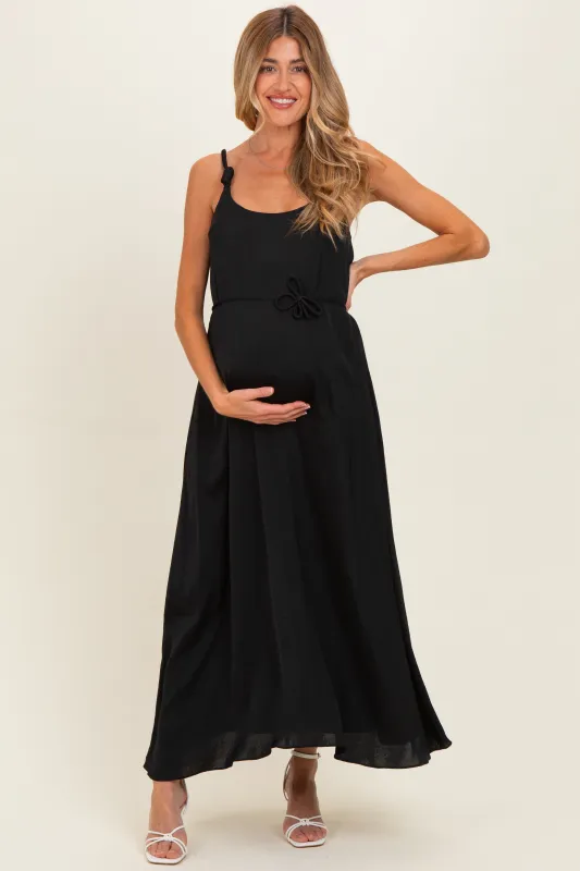 Black Sleeveless Flower Belt Maxi Dress made by Naked Zebra