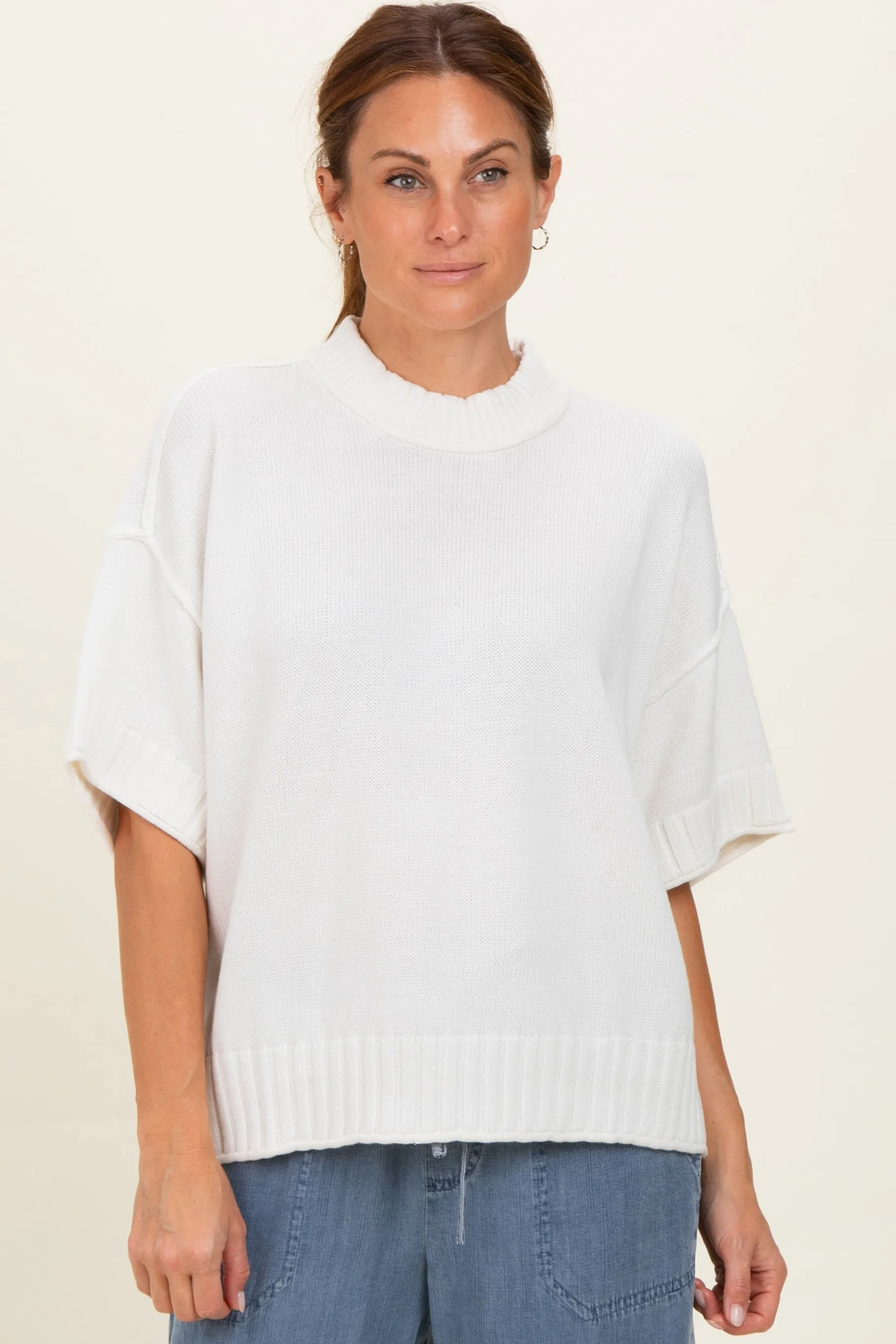Off White Oversized Mock Neck Short Sleeve Maternity Sweater sold by Pinkblush product image thumbnail 5