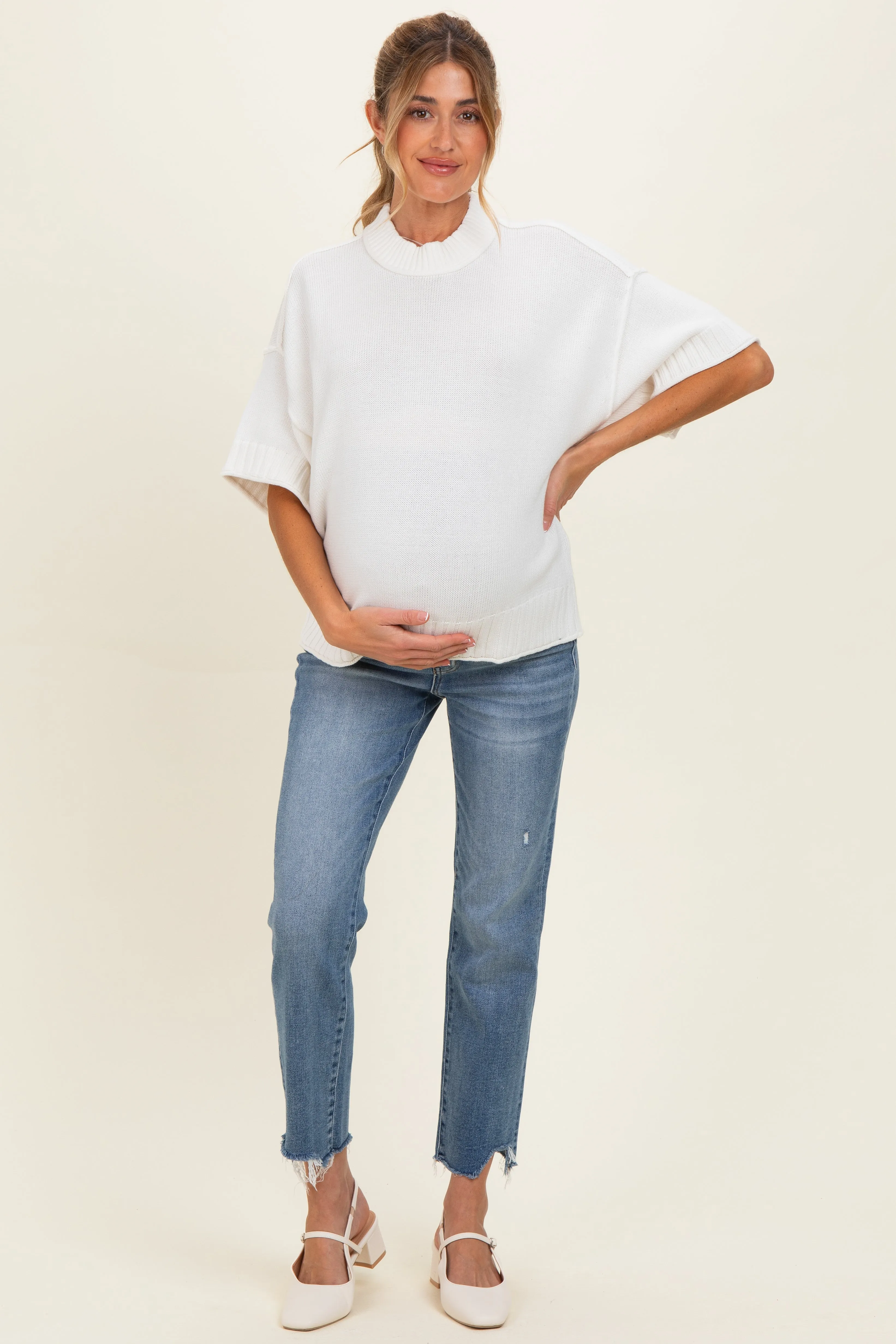 Off White Oversized Mock Neck Short Sleeve Maternity Sweater sold by Pinkblush product image thumbnail 2