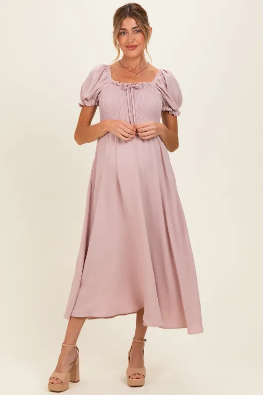 Mauve Square Neck Puff Sleeve Maternity Midi Dress made by Pinkblush