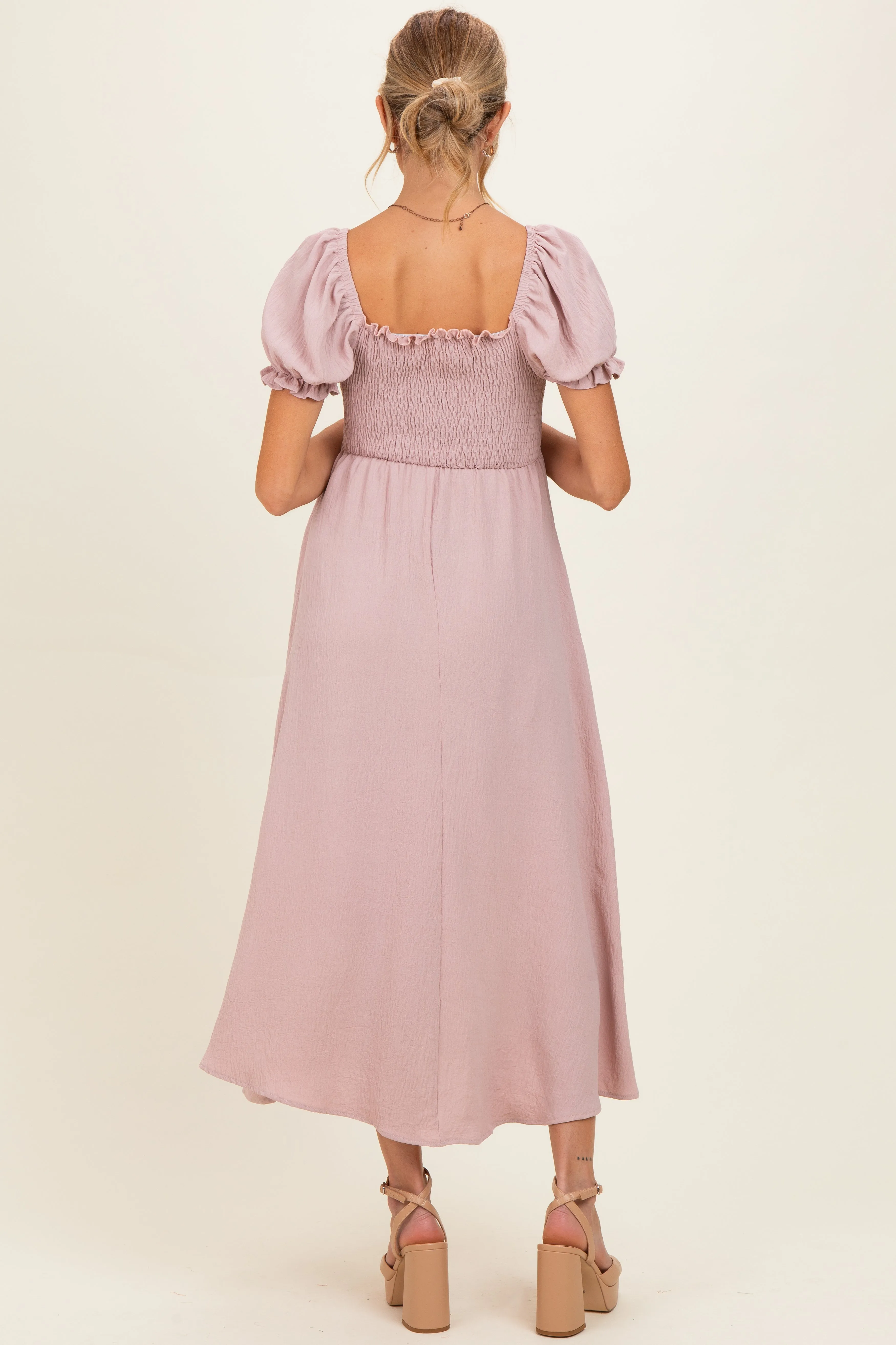 Mauve Square Neck Puff Sleeve Maternity Midi Dress sold by Pinkblush product image thumbnail 2