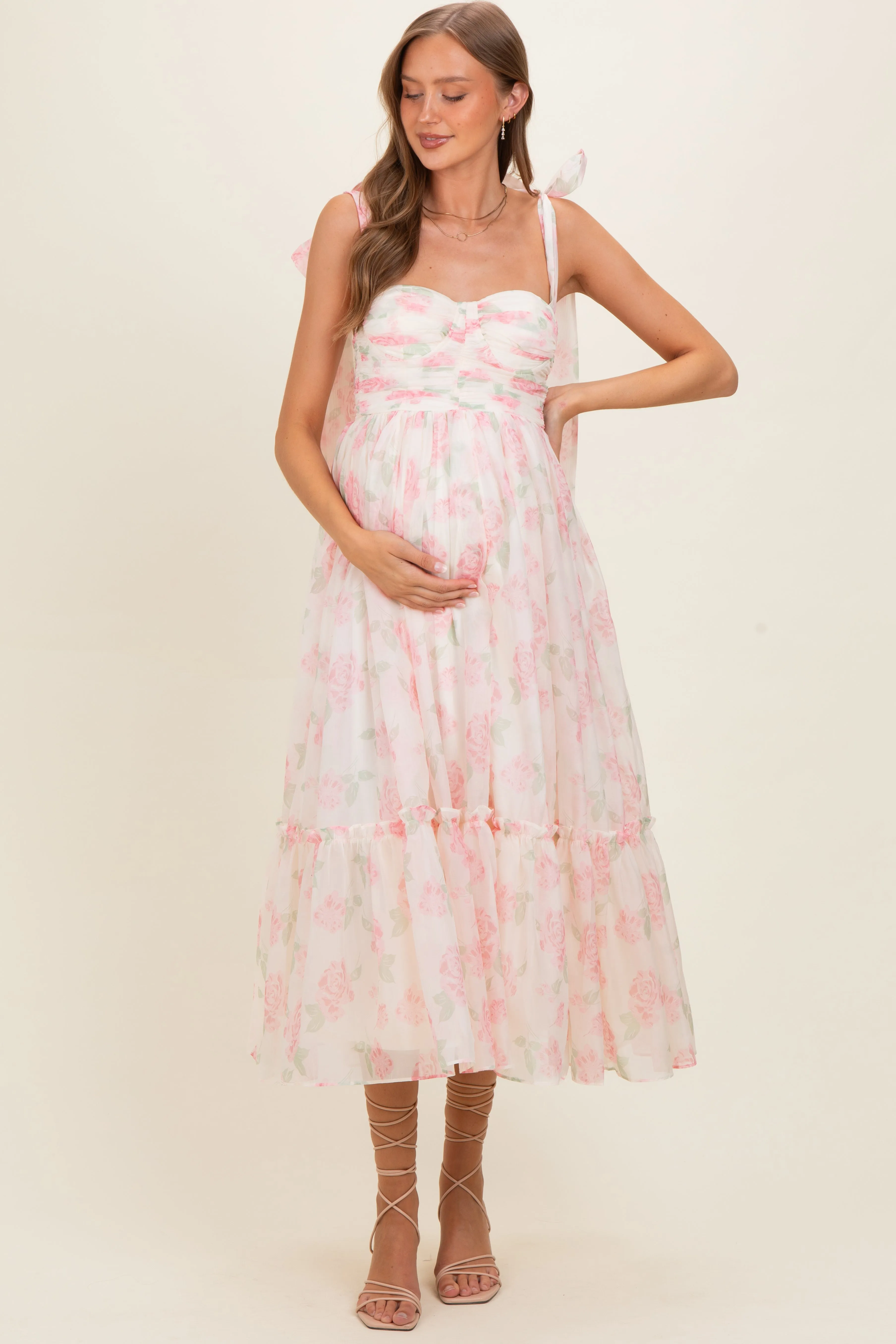 Pink Floral Chiffon Shoulder Tie Maternity Midi Dress sold by Pinkblush