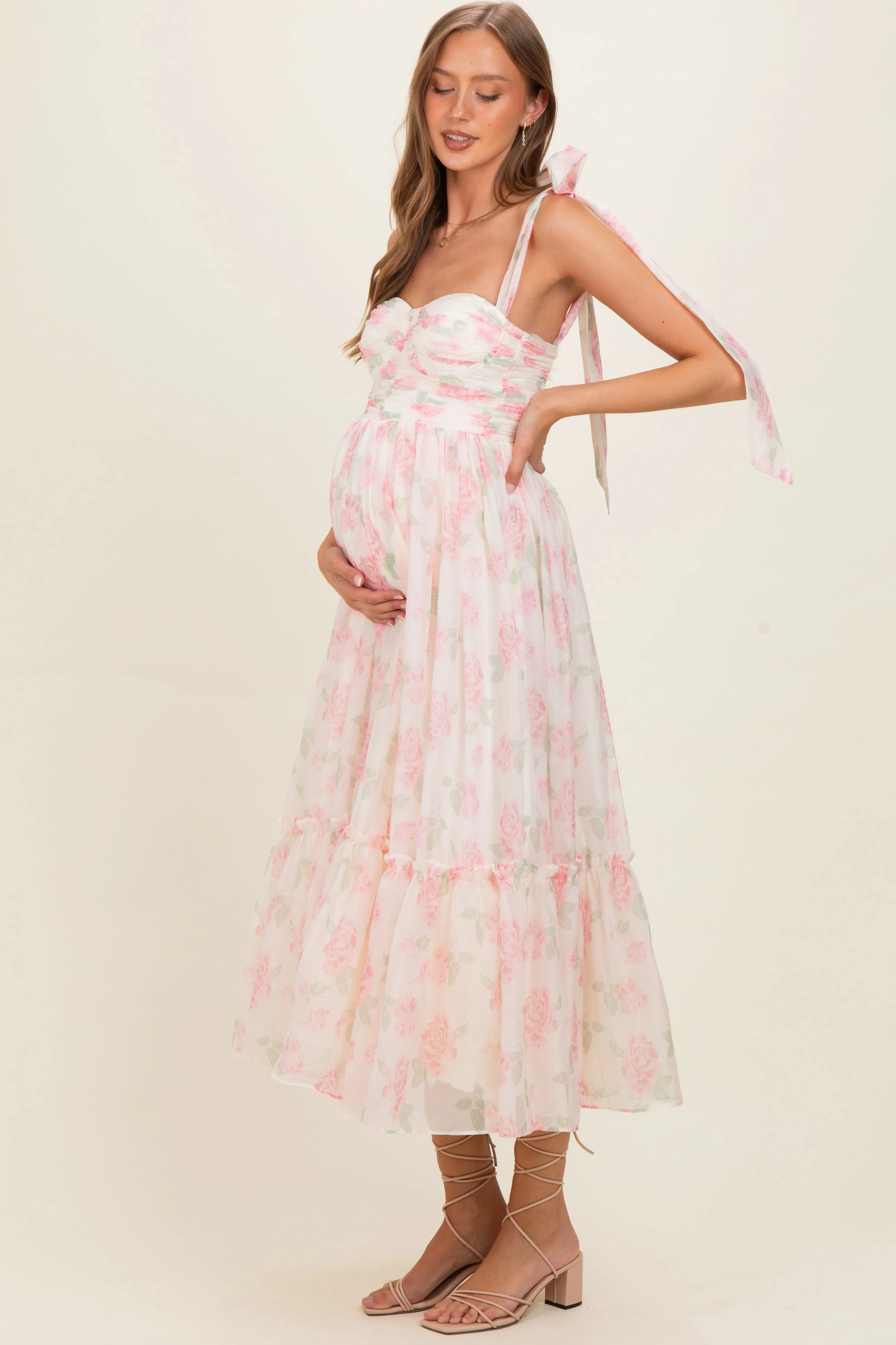 Pink Floral Chiffon Shoulder Tie Maternity Midi Dress sold by Pinkblush product image thumbnail 2