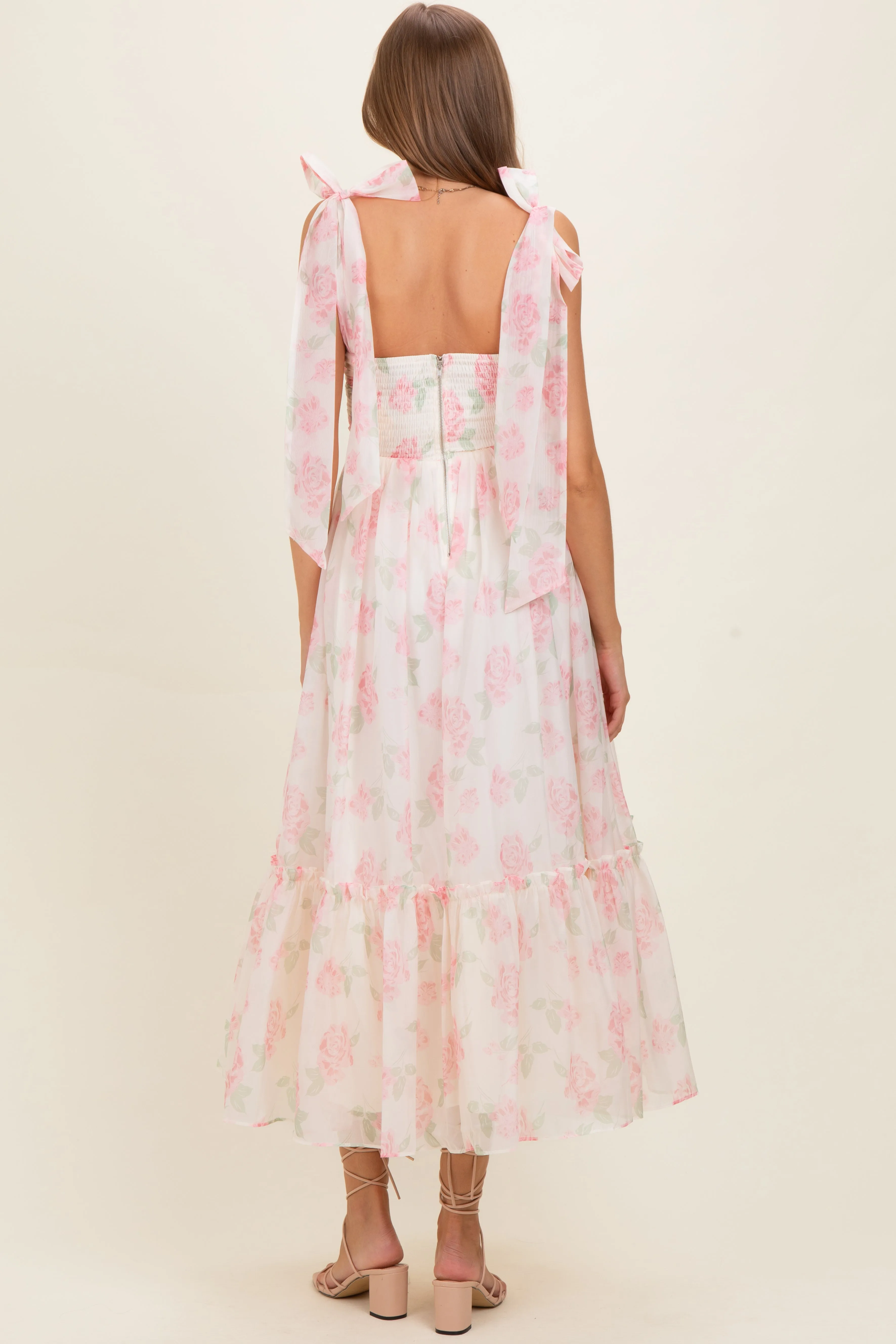 Pink Floral Chiffon Shoulder Tie Maternity Midi Dress sold by Pinkblush product image thumbnail 3