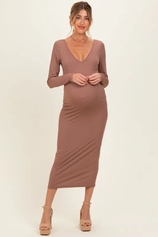 New Mocha V-Neck Long Sleeve Fitted Maternity Maxi Dress made by Pinkblush