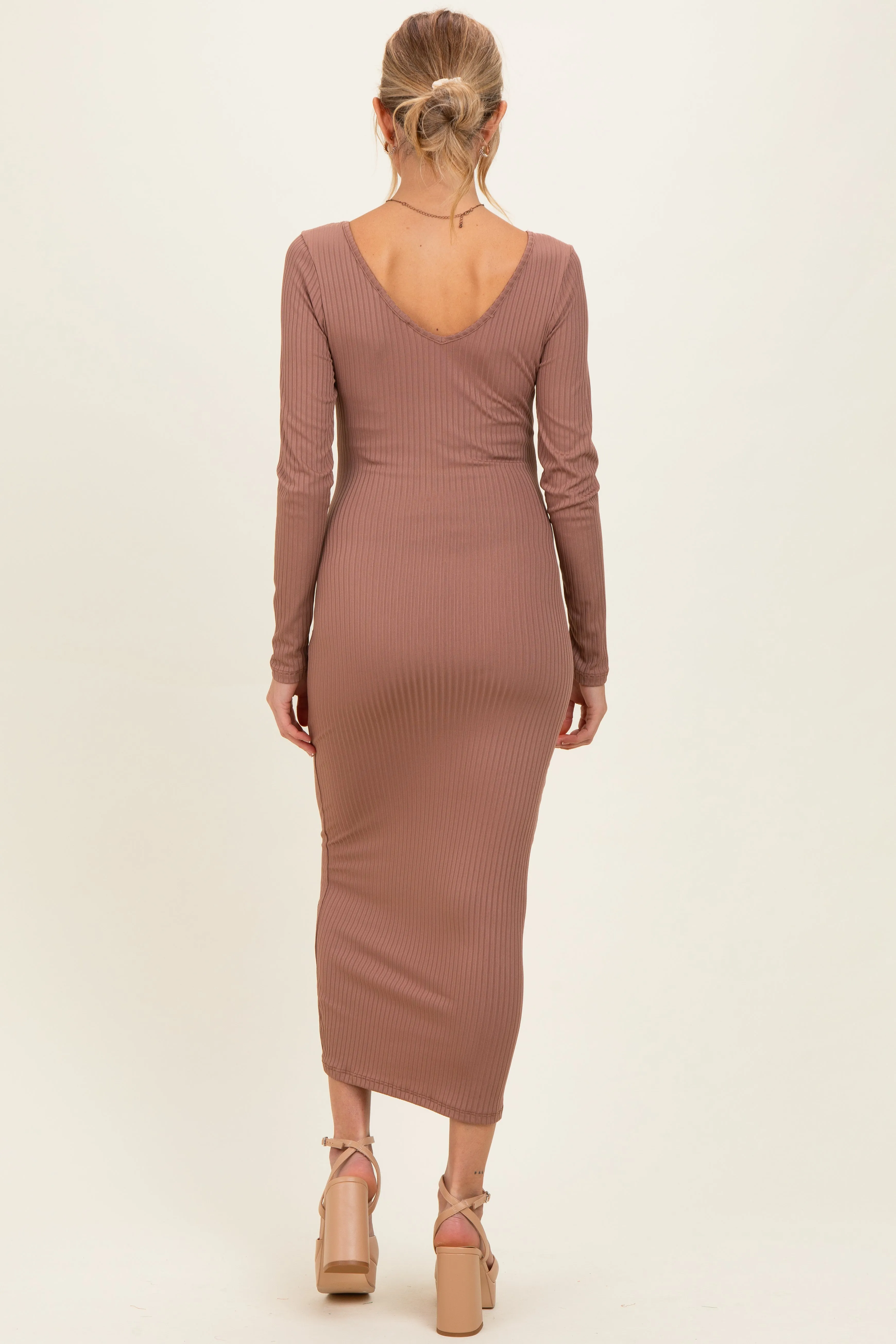 New Mocha V-Neck Long Sleeve Fitted Maternity Maxi Dress sold by Pinkblush product image thumbnail 3