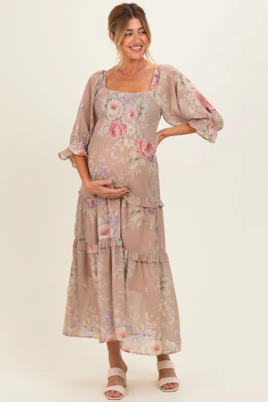 Taupe Floral Smocked Chiffon Tiered Maternity Maxi Dress made by Davi & Dani