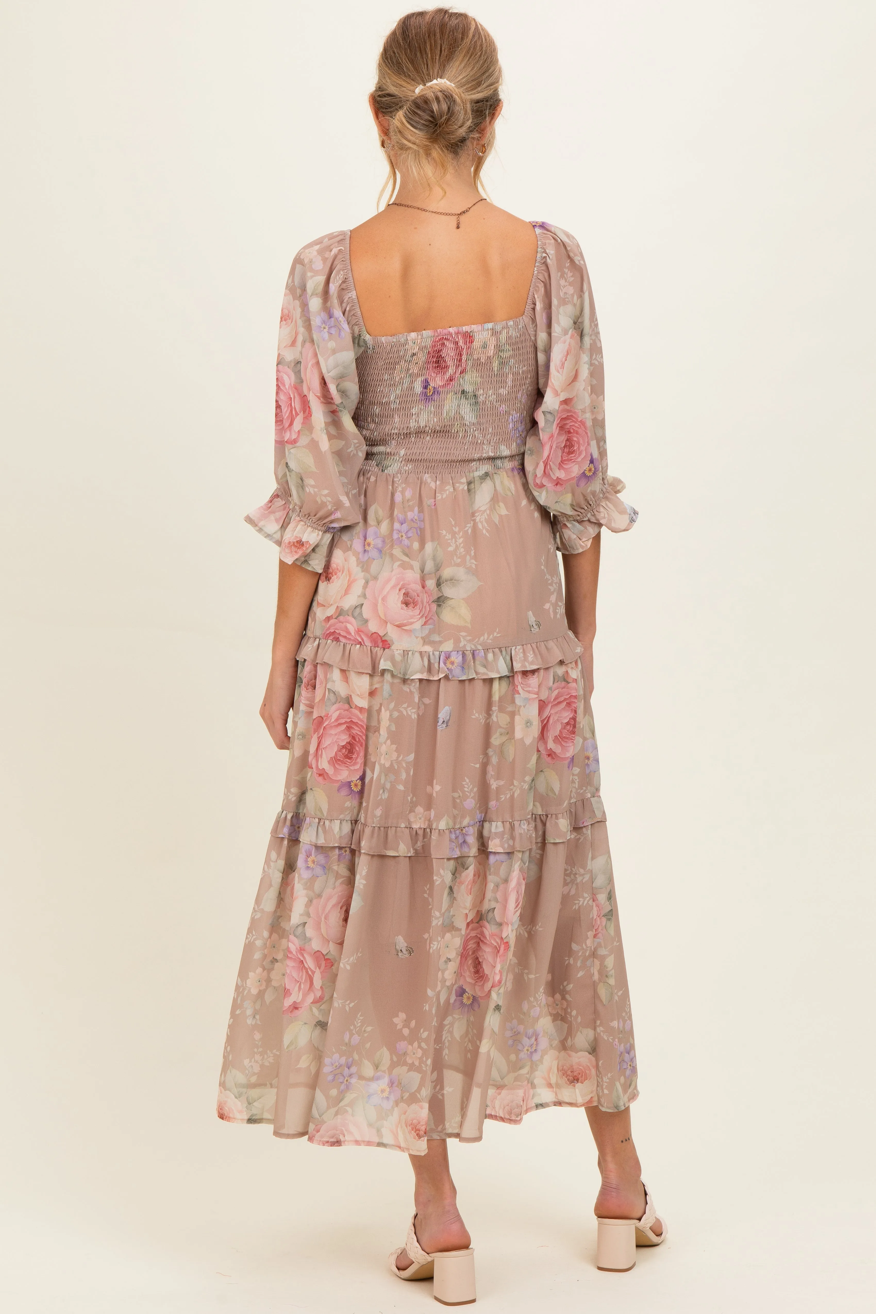Taupe Floral Smocked Chiffon Tiered Maternity Maxi Dress sold by Pinkblush product image thumbnail 2