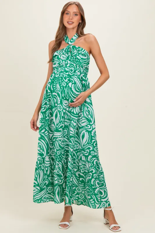 Green Printed Halter Neck Keyhole Maternity Maxi Dress made by Skies Are Blue