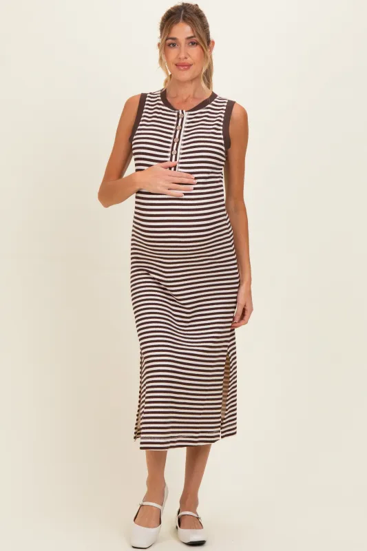 Brown Striped Knit Maternity Midi Henley Tank Dress made by Blu Pepper