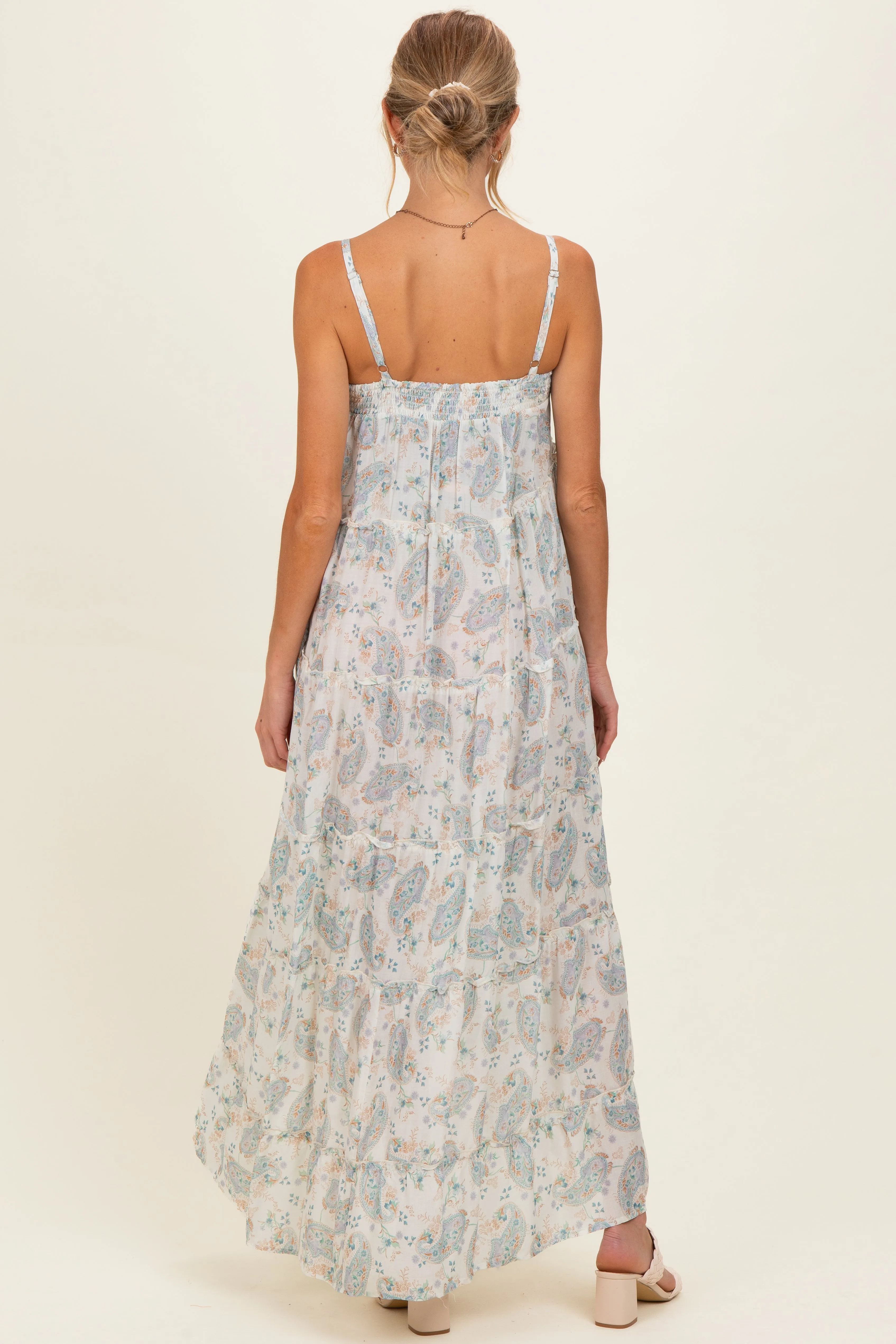 Cream Hi-Lo Spaghetti Strap Paisley Ruffle Maternity Maxi Dress sold by Pinkblush product image thumbnail 3