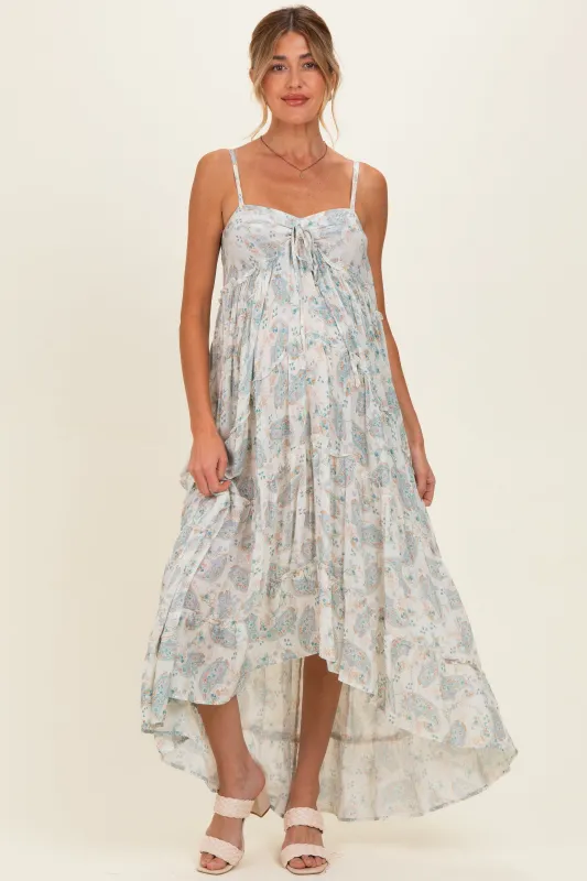 Cream Hi-Lo Spaghetti Strap Paisley Ruffle Maternity Maxi Dress made by lovestitch