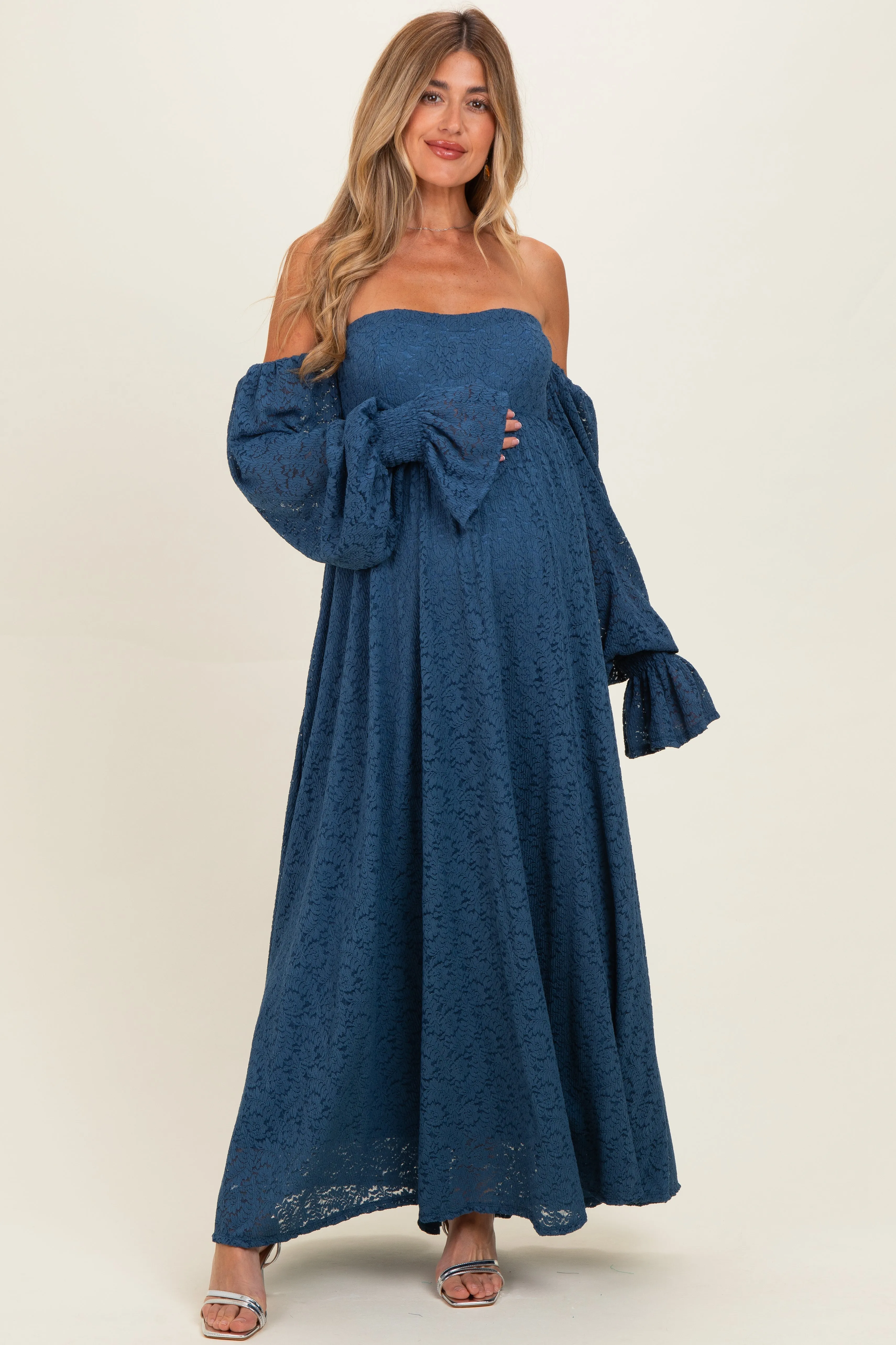 Blue Lace Floral Long Sleeve Maternity Photoshoot Gown/Dress sold by Pinkblush