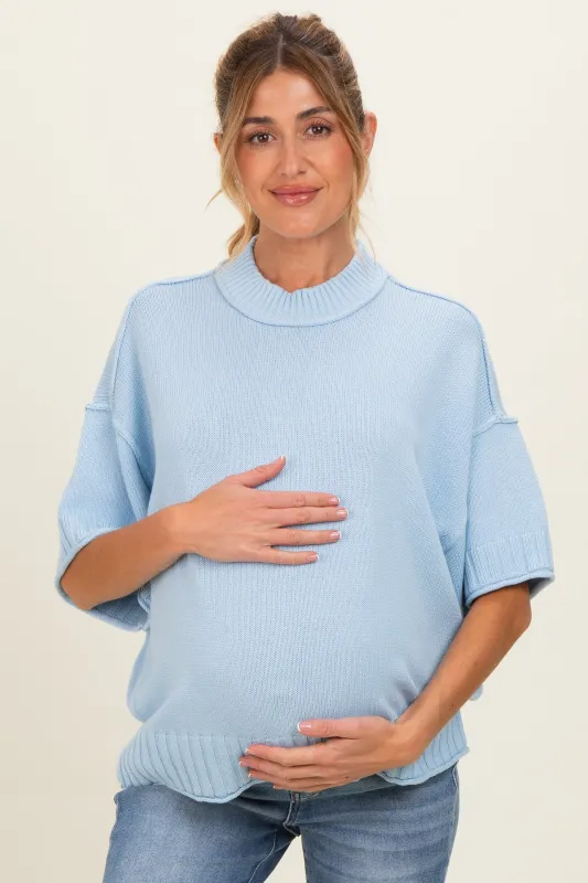Light Blue Oversized Mock Neck Short Sleeve Maternity Sweater made by Pinkblush