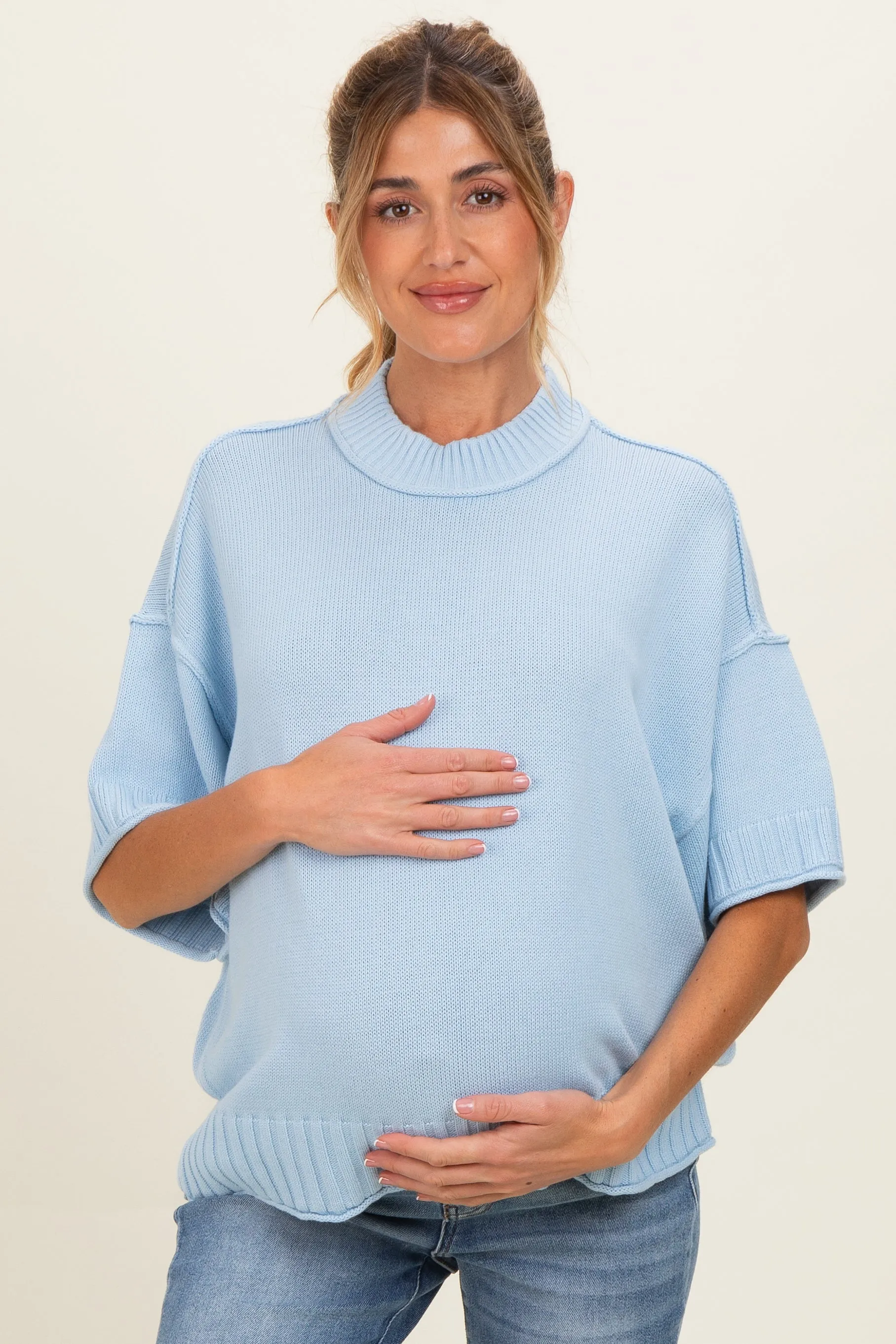 Light Blue Oversized Mock Neck Short Sleeve Maternity Sweater sold by Pinkblush