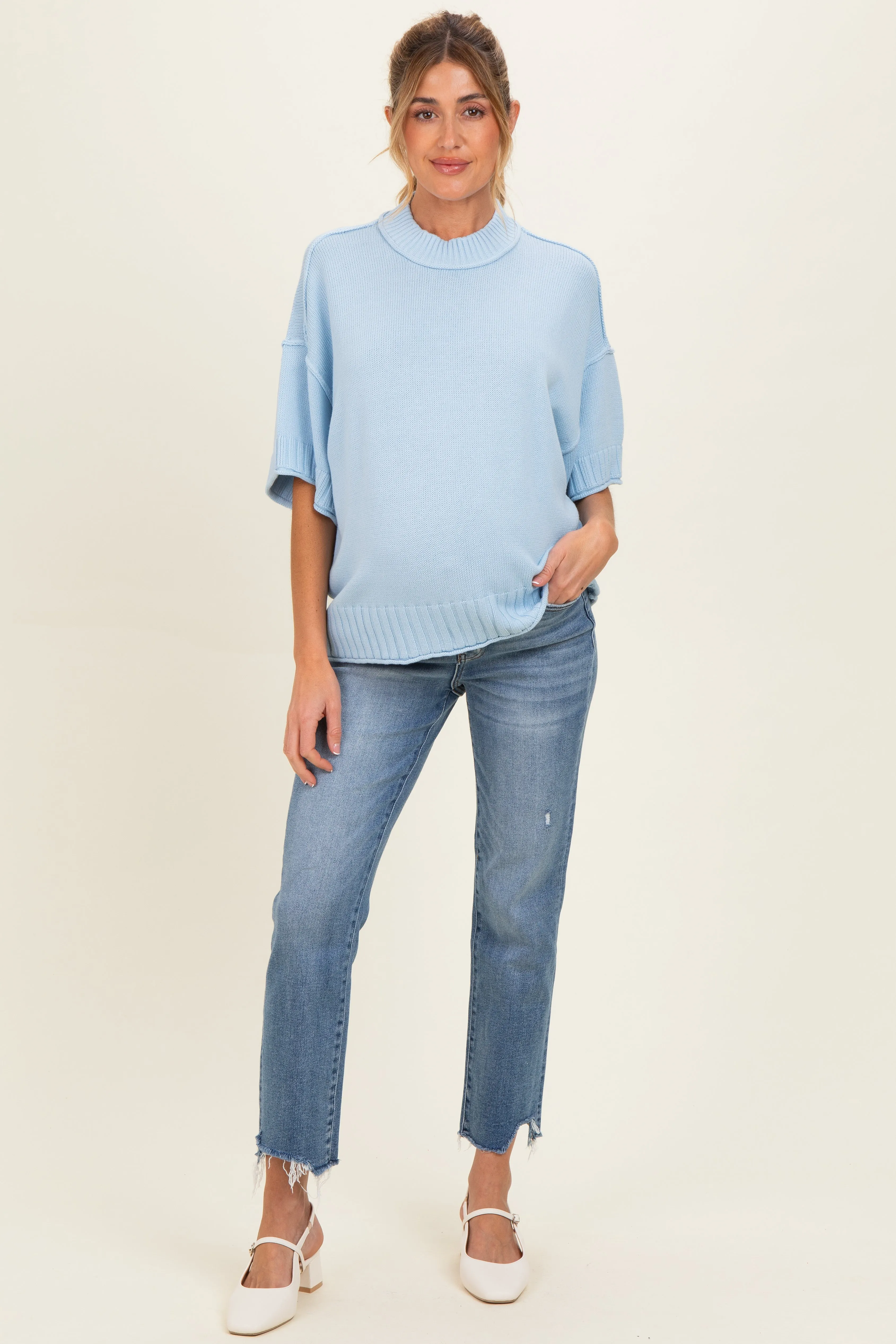 Light Blue Oversized Mock Neck Short Sleeve Maternity Sweater sold by Pinkblush product image thumbnail 2