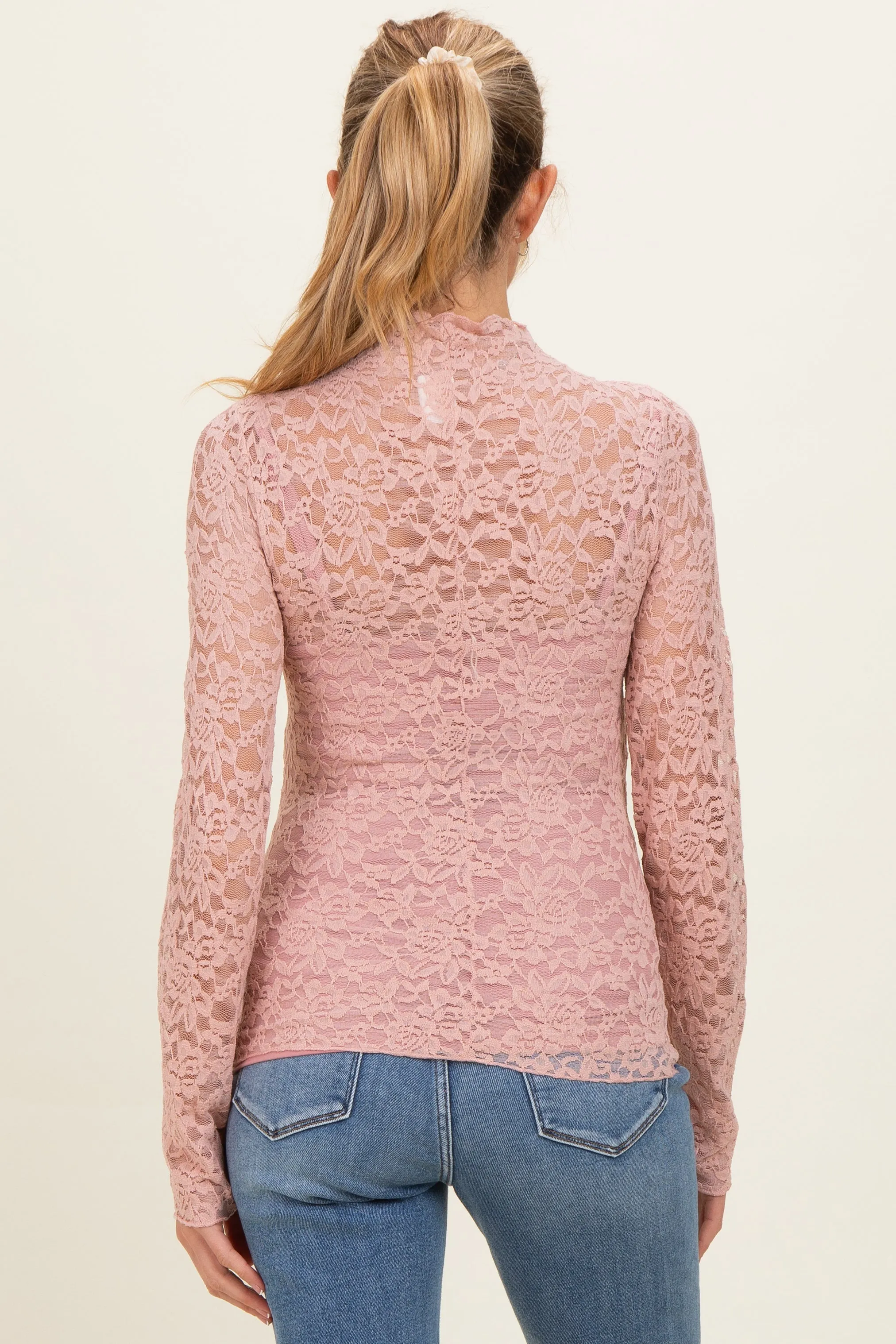 Dusty Mauve High Neck Fitted Sheer Lace Maternity Top sold by Pinkblush product image thumbnail 4