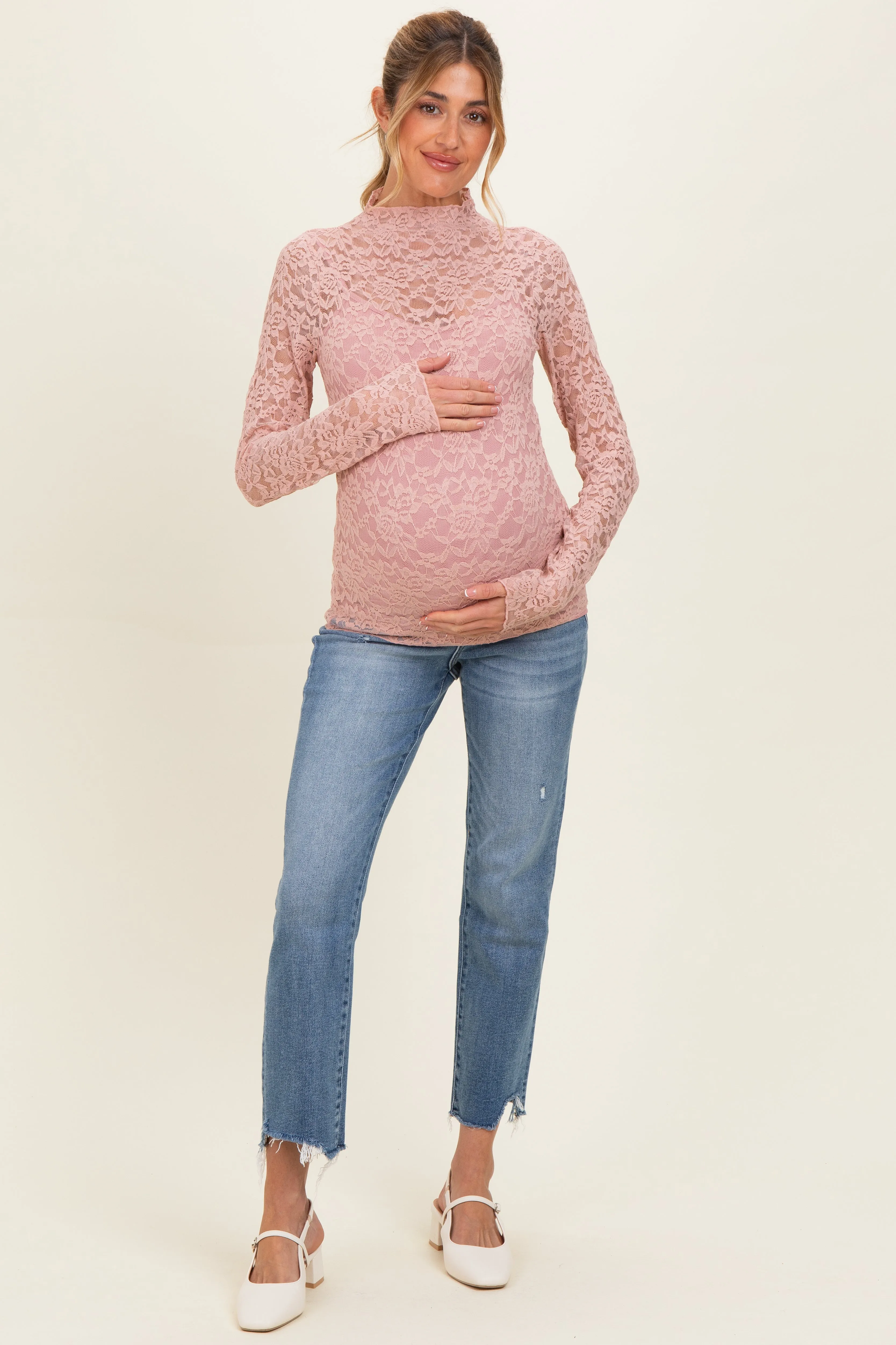 Dusty Mauve High Neck Fitted Sheer Lace Maternity Top sold by Pinkblush product image thumbnail 2