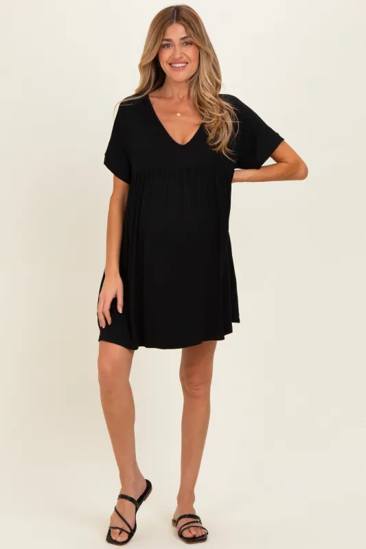 Black V-Neck Basic Maternity Dress made by Pinkblush