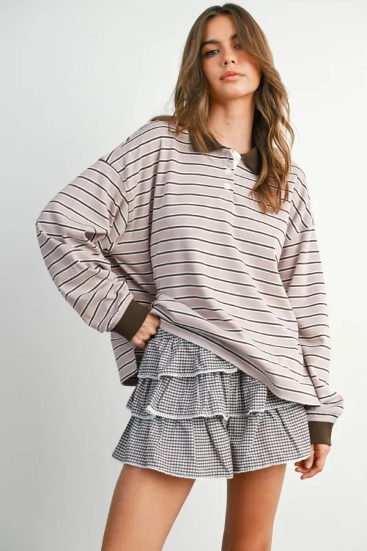 Mauve Striped Long Sleeve Polo Top made by Pinkblush