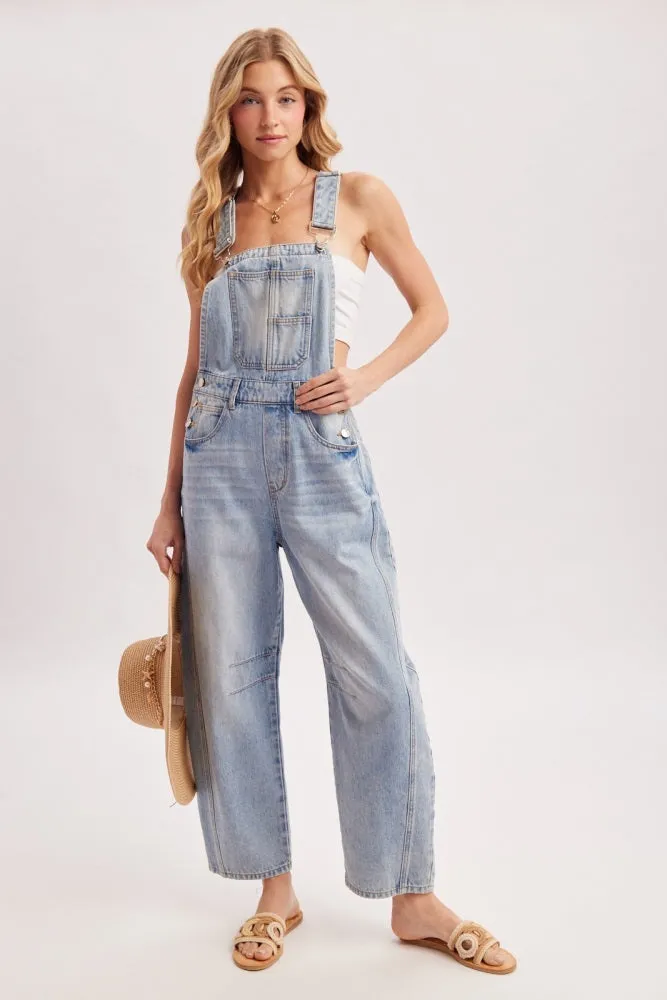Light Wash Denim Barrel Overalls sold by Pinkblush