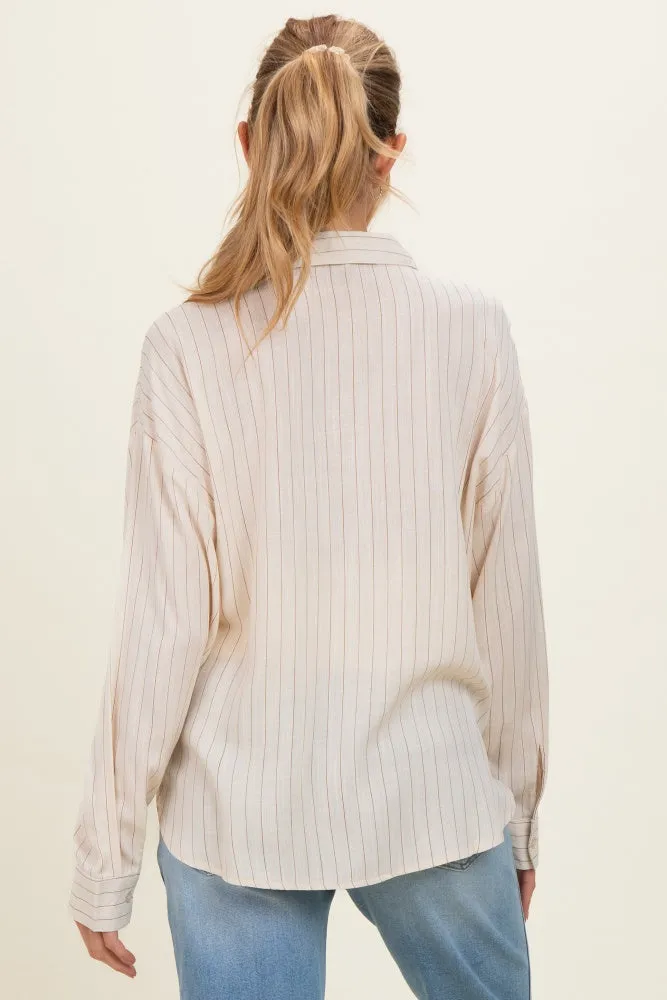 Light Taupe Brown Striped Relaxed Button-Up Maternity Shirt sold by Pinkblush product image thumbnail 5