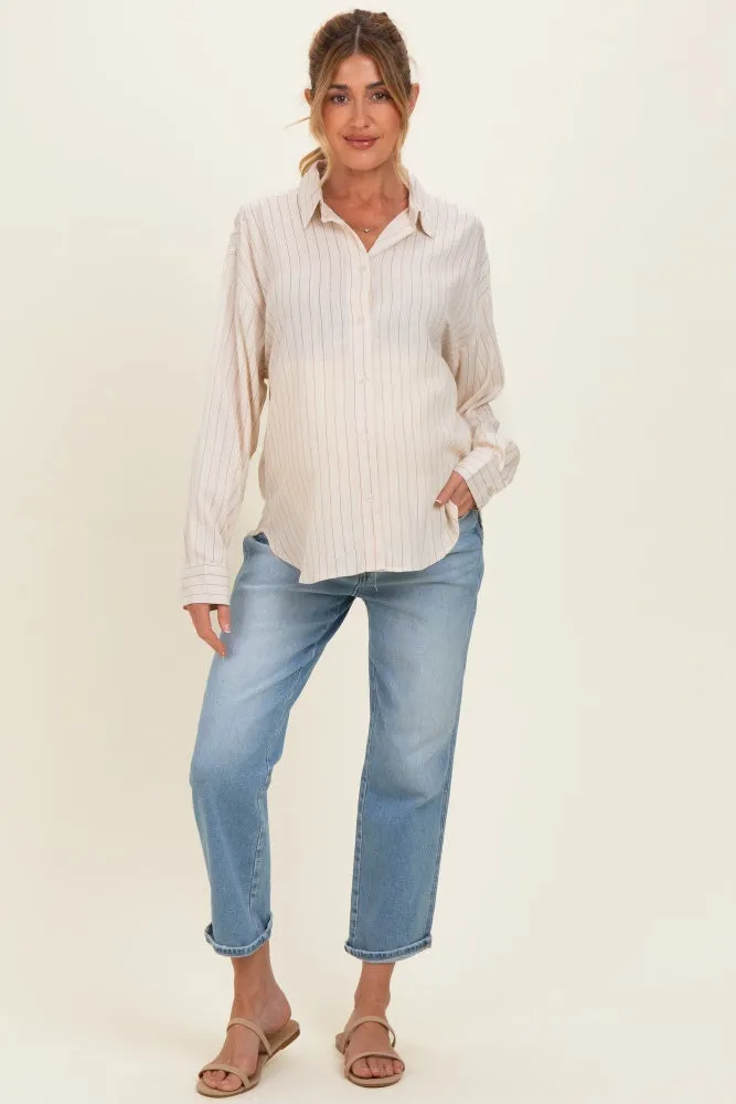Light Taupe Brown Striped Relaxed Button-Up Maternity Shirt sold by Pinkblush product image thumbnail 3