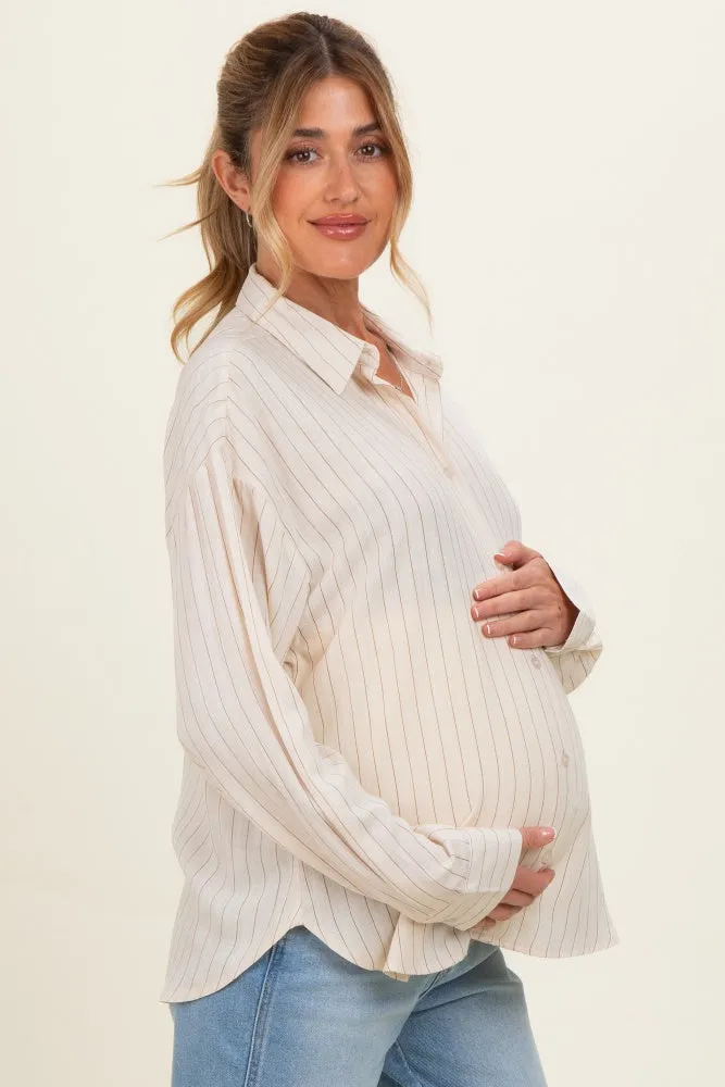Light Taupe Brown Striped Relaxed Button-Up Maternity Shirt sold by Pinkblush product image thumbnail 4