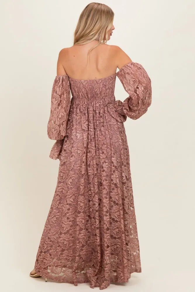 Mauve Lace Off Shoulder Long Sleeve Maxi Dress sold by Pinkblush product image thumbnail 3