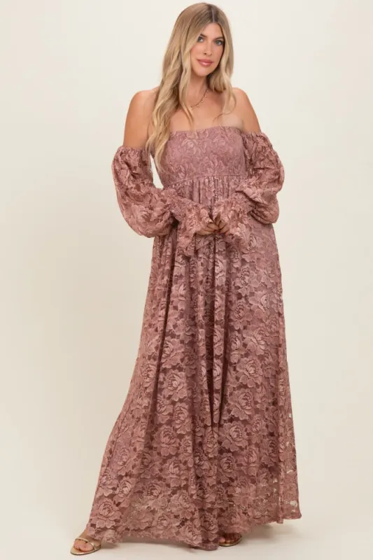 Mauve Lace Off Shoulder Long Sleeve Maxi Dress made by Pinkblush