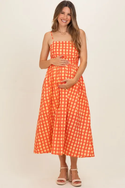 Orange Gingham Maternity Midi Dress made by entro
