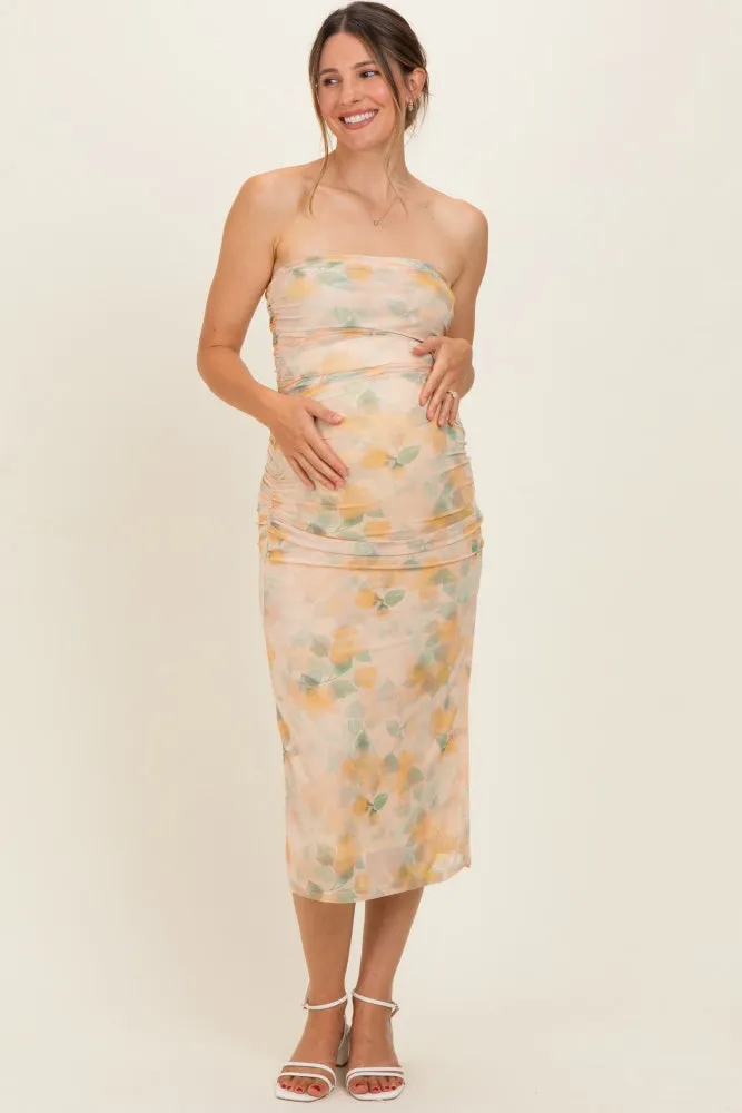 Yellow Floral Mesh Ruched Strapless Maternity Midi Dress sold by Pinkblush product image thumbnail 2