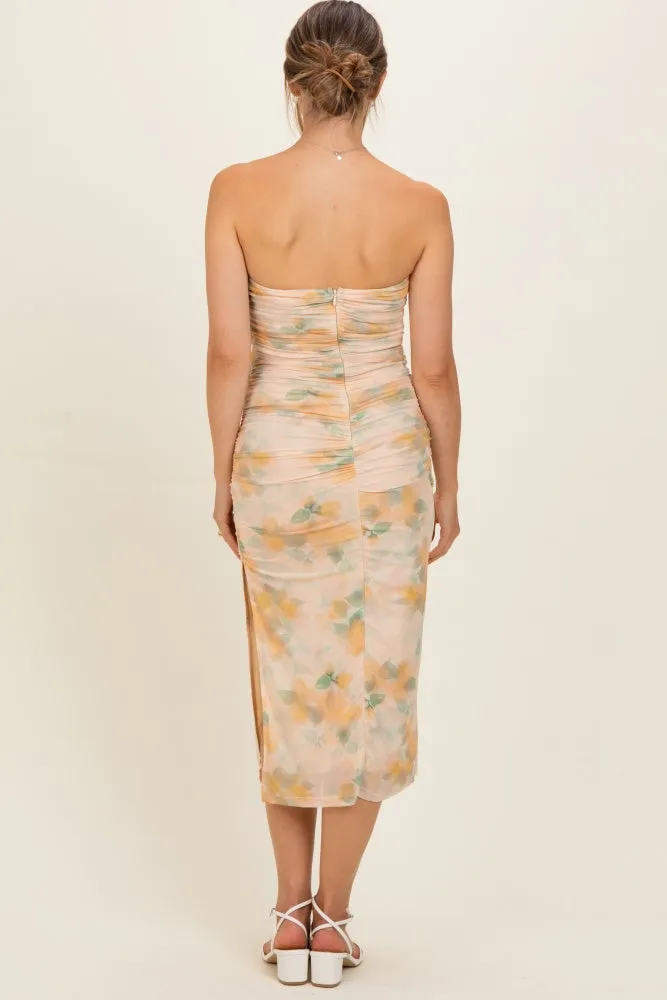 Yellow Floral Mesh Ruched Strapless Maternity Midi Dress sold by Pinkblush product image thumbnail 4